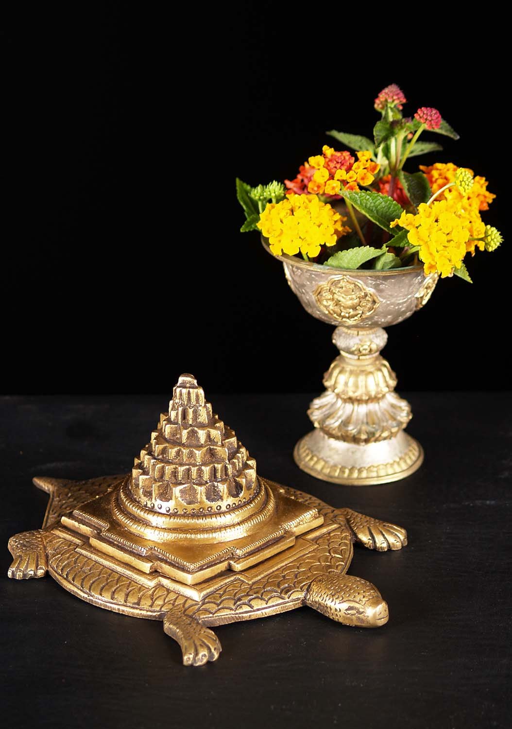 Brass Sri Yantra or Shri Chakra Instrument of Wealth With Kurma Prastha Turtle Statue 8"