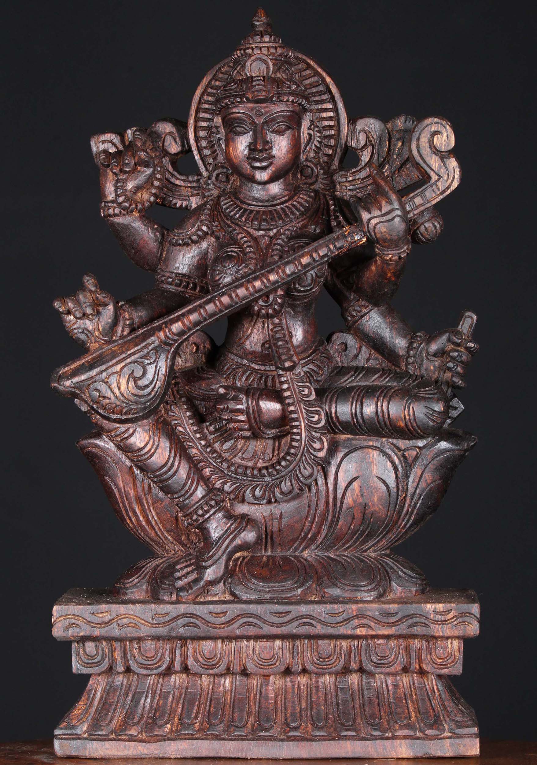 Wooden Seated Saraswati Statue 18"