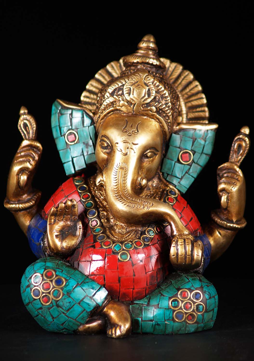 Small Brass Ganesh With Stones 5.5"