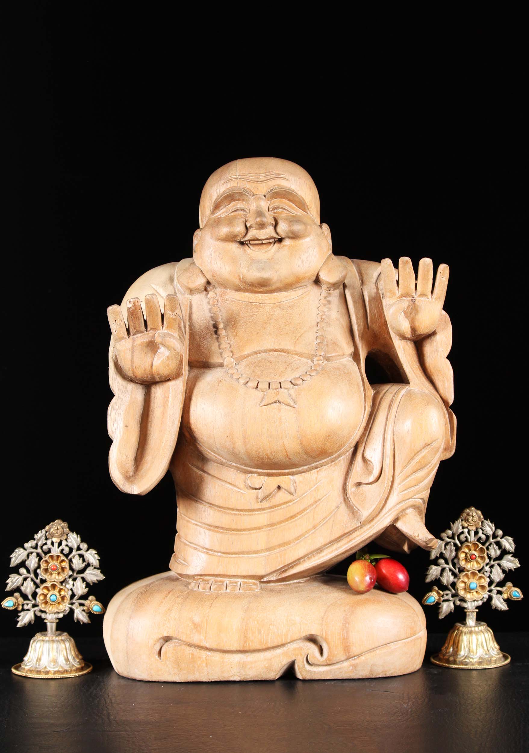 Wooden Dancing Fat And Happy Buddha Statue 16"