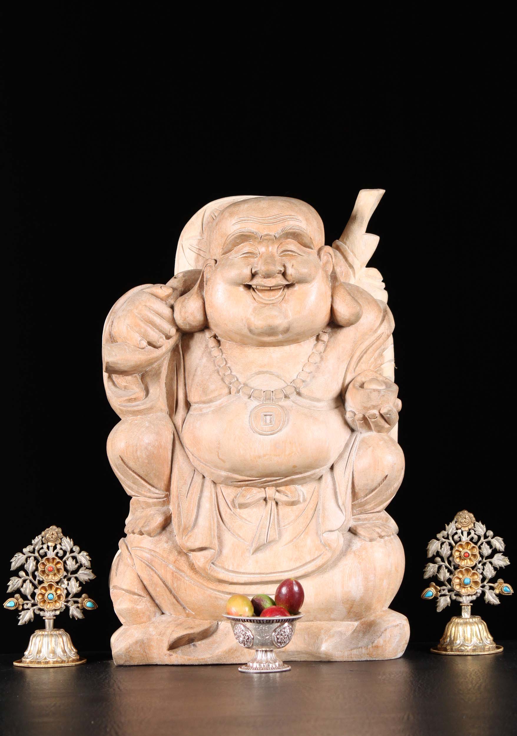 Wooden Happy Buddha Seated On A Bag Of Gold 16"