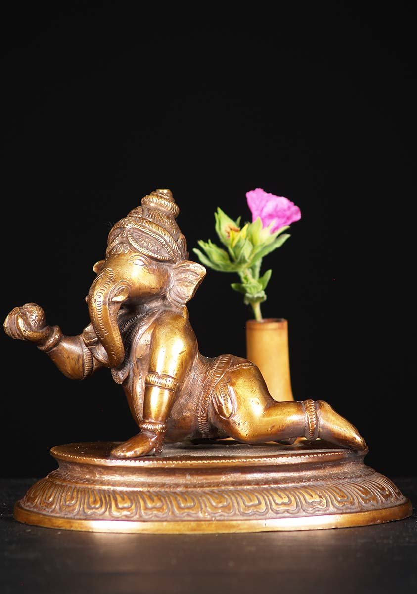 Brass Crawling Baby Statue of the Hindu God Ganesh Holding Laddu Perfect Gift 7"