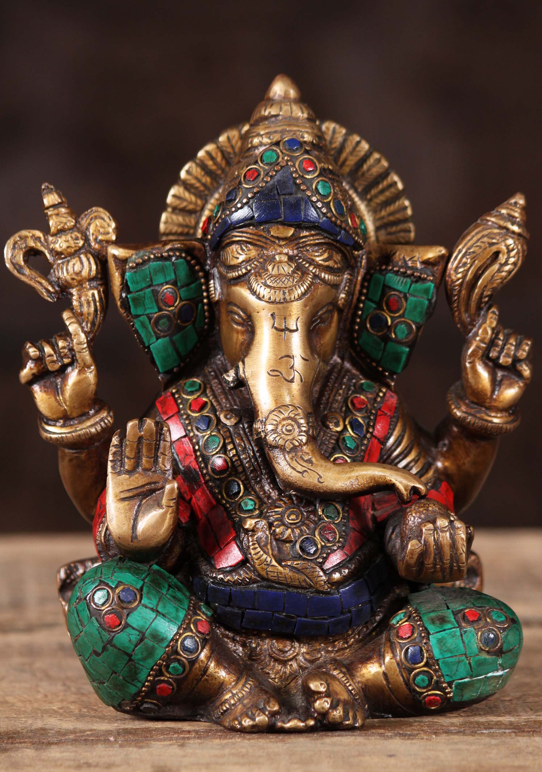 SOLD Brass Abhaya Mudra Ganesh with Stones 6