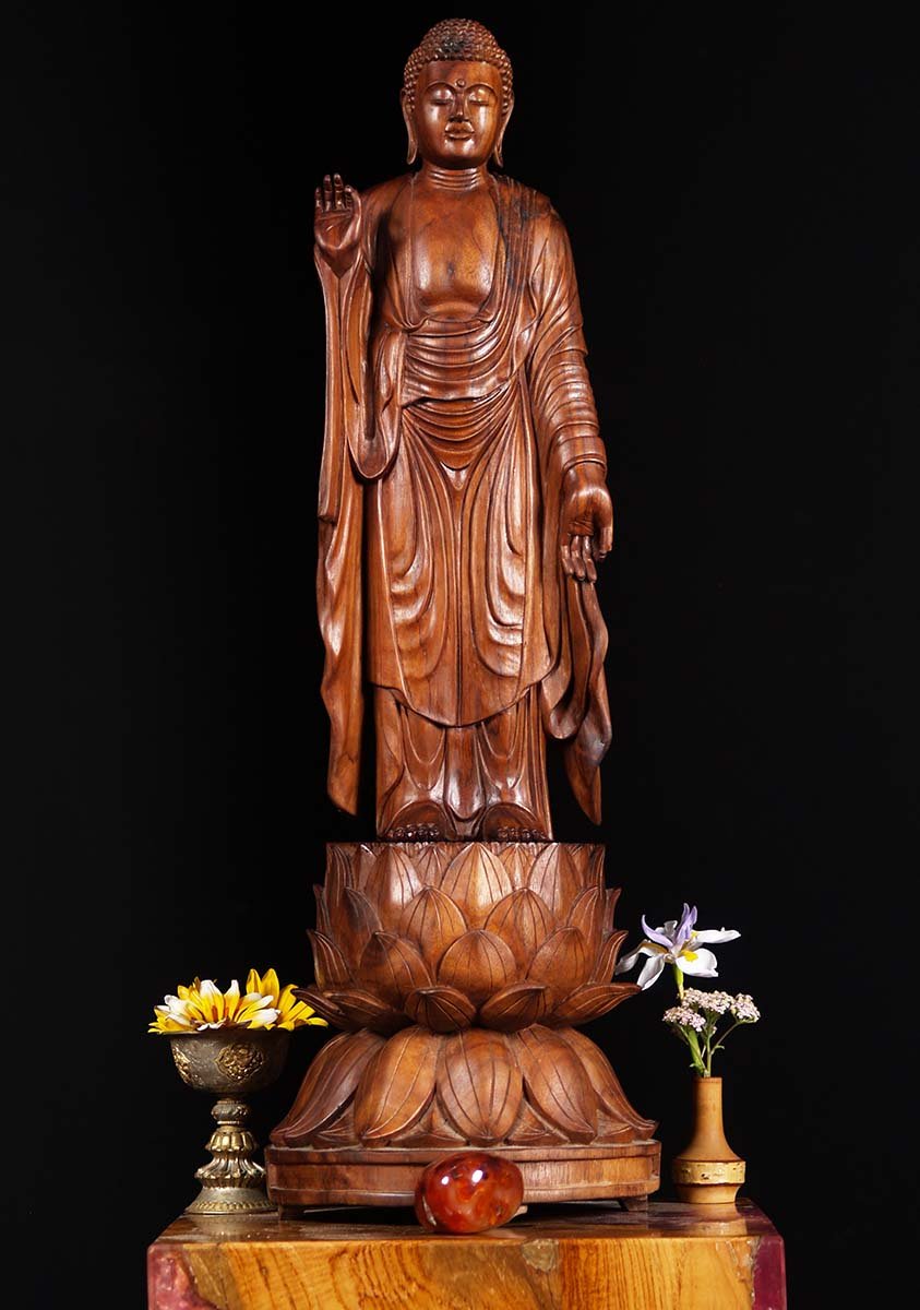 Exquisite Wood Buddha Statue in Vitarka & Varada Mudras Standing on Blooming Lotus Base 29"