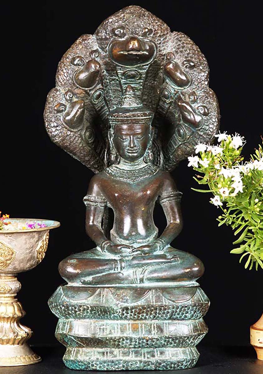 Small Brass Meditating Naga Buddha Statue 12"