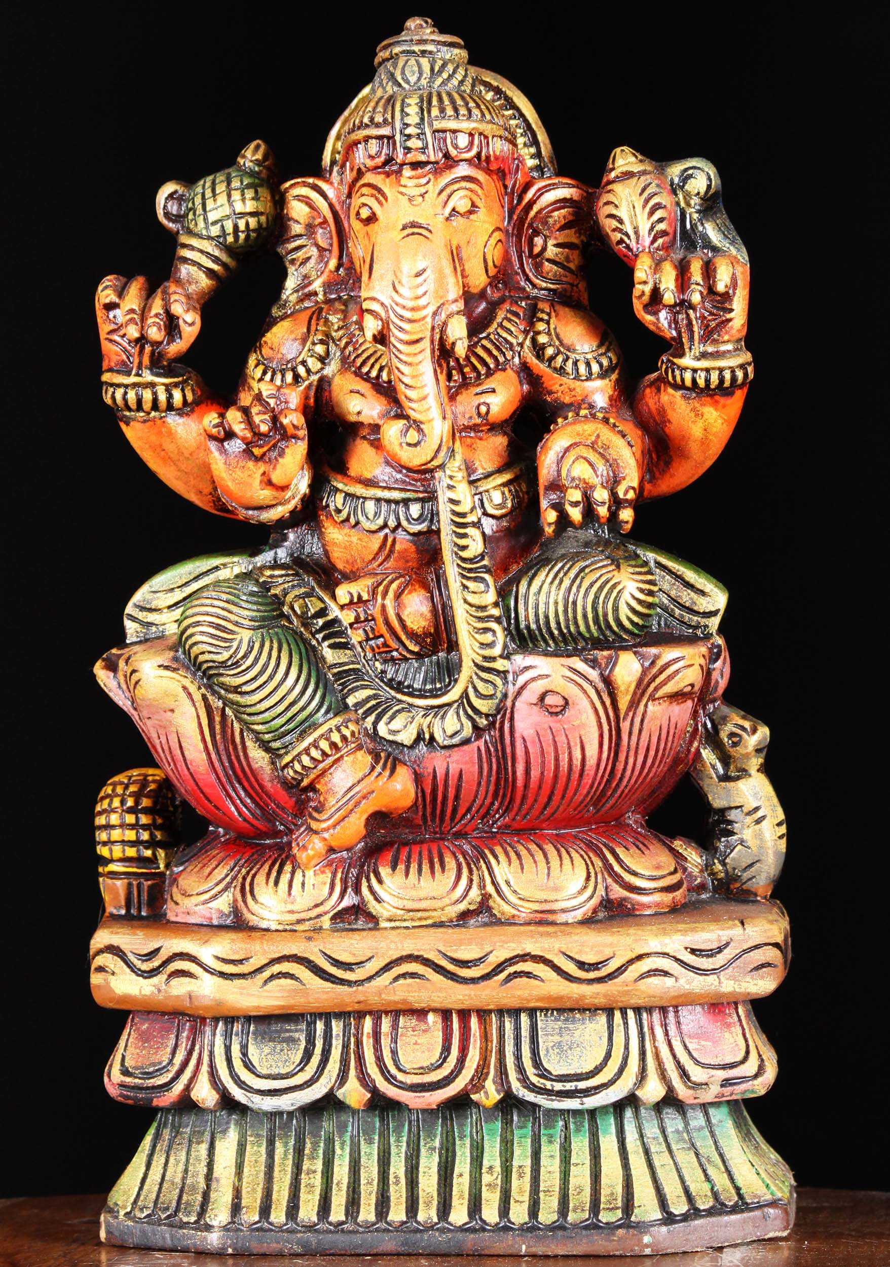 Wooden Small Painted Ganesh Statue 12"