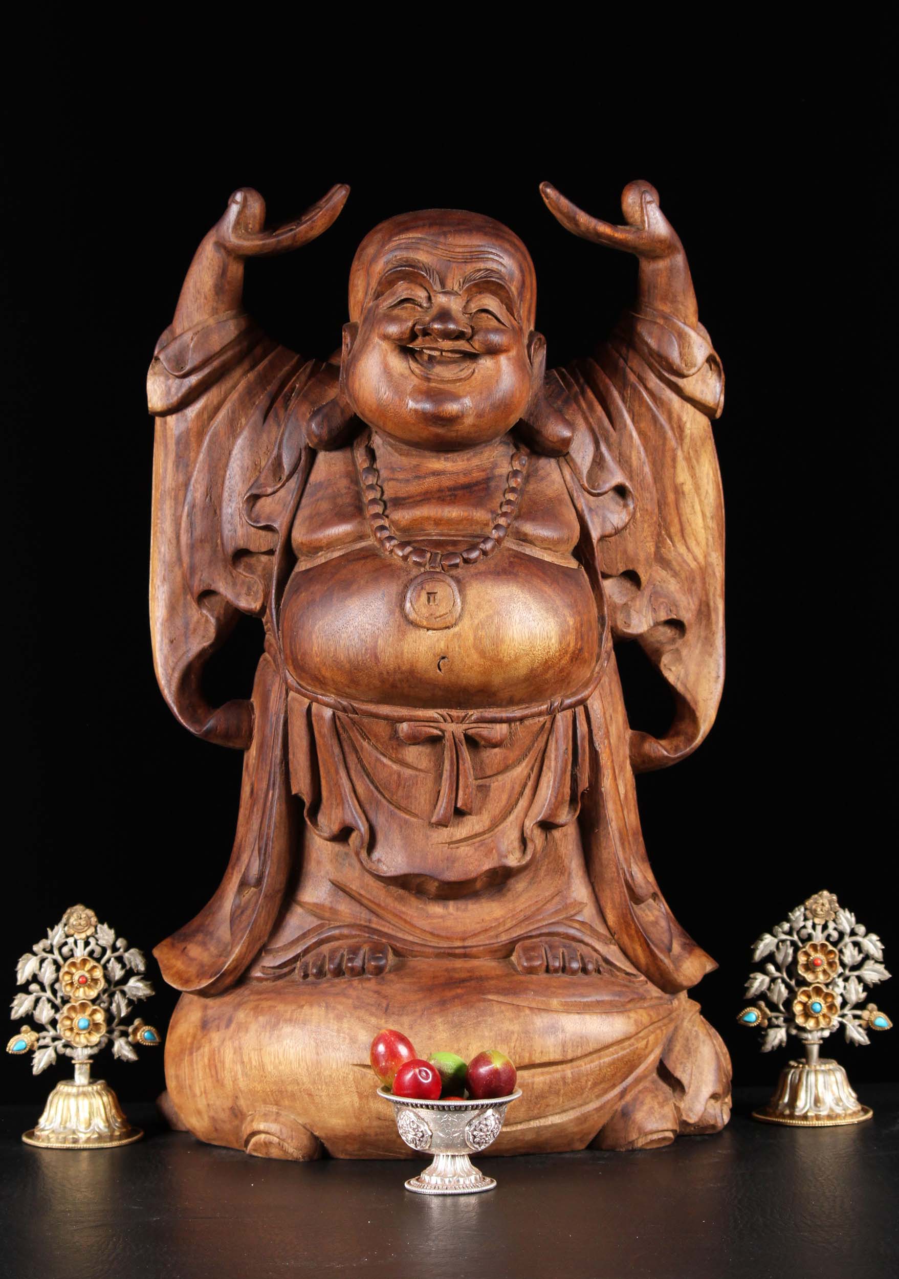 Wood Happy Buddha Statue with Raised Arms 20"