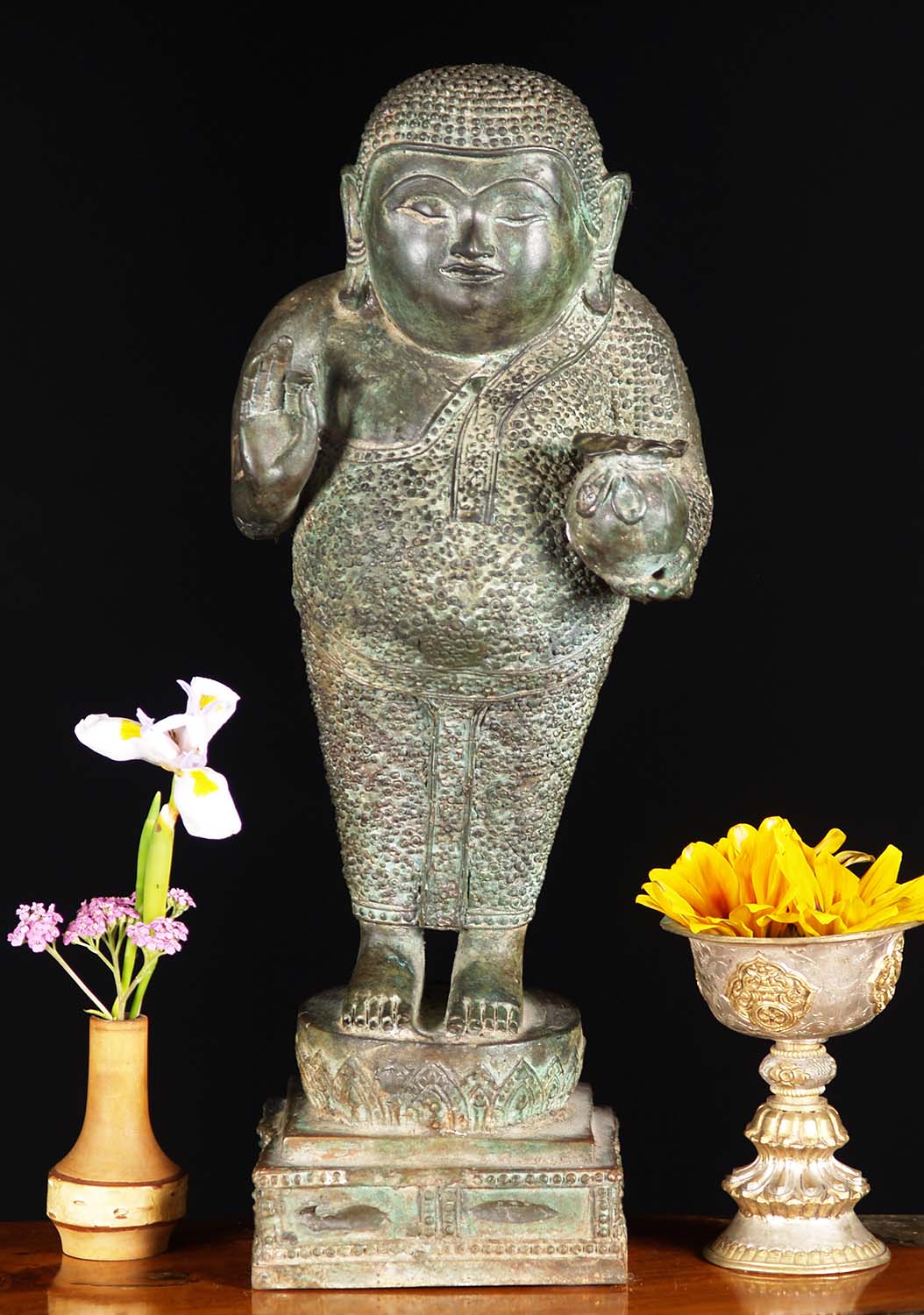 Brass Songachai Thai Style Fat & Happy Buddha in Teaching Mudra Holding Gold In Hand 15"