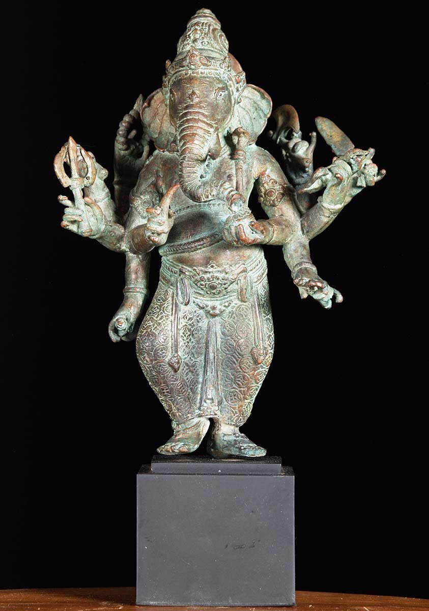 Standing Brass Ganesh with 10 Arms 15"