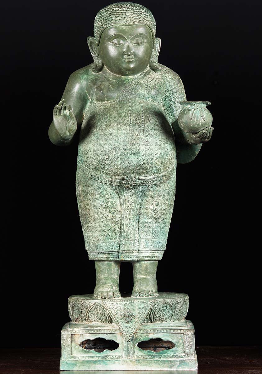 Thai Style Fat & Happy Songachai Buddha of Wealth in Teaching Mudra Holding Gold Sack 31"