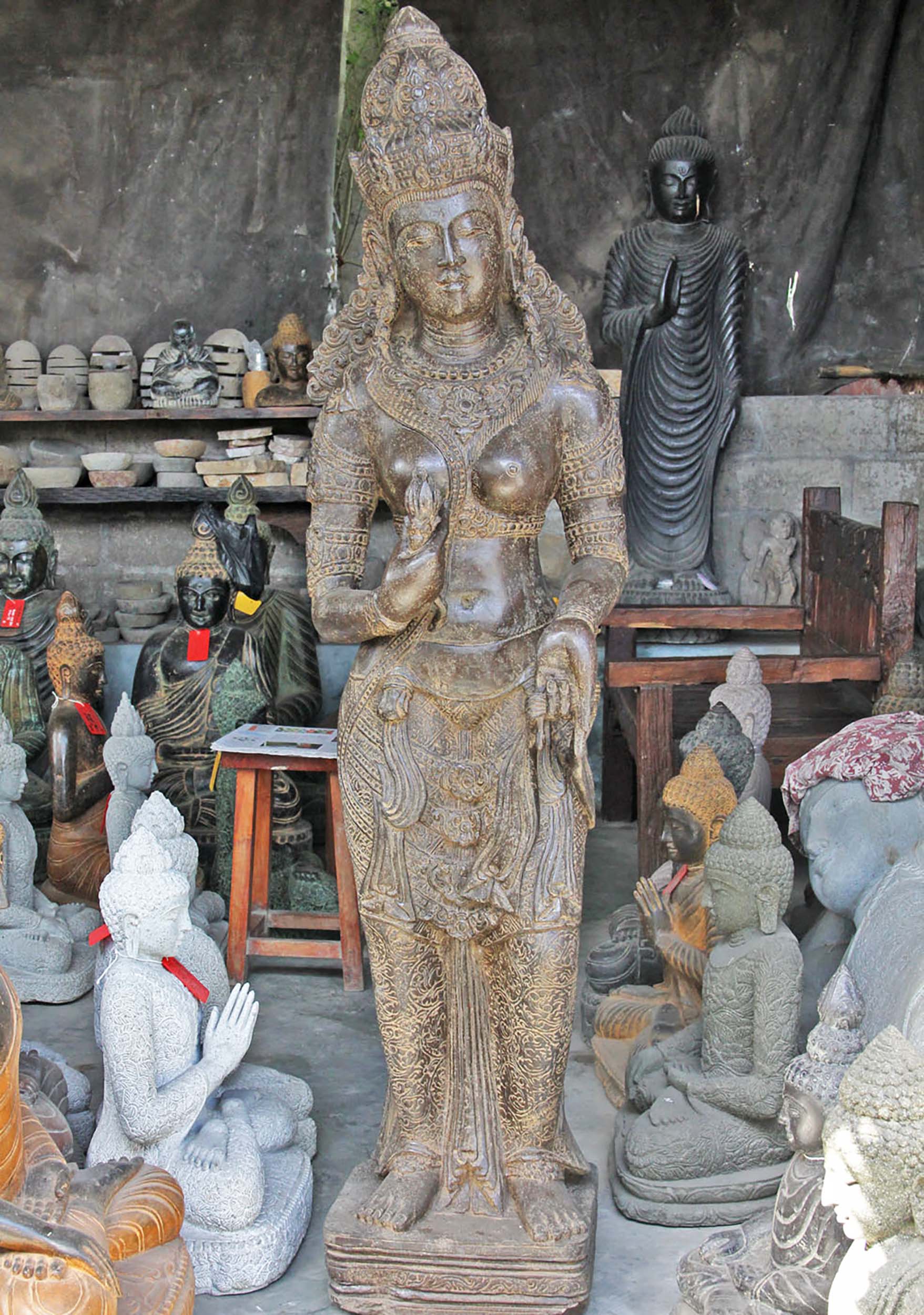 Stone Antique Patina Standing Devi Tara Statue 69"