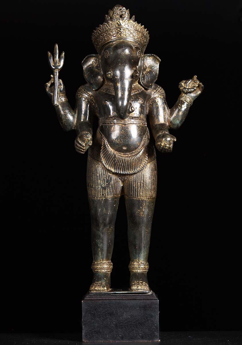 Unique & Beautiful Brass Standing Ganesh Statue with Cambodian Style  Headdress Holding Trident 23