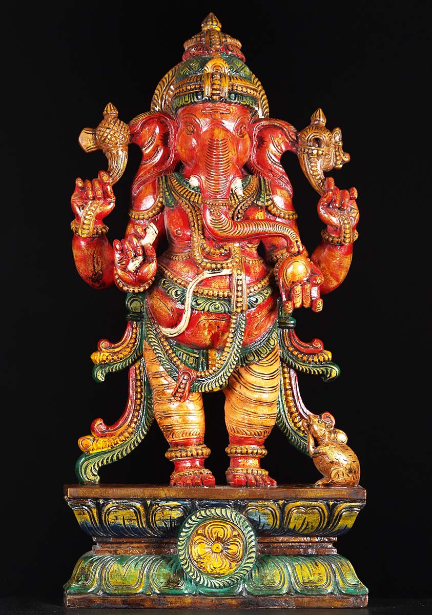 Wooden Standing Red Ganesh Statue 30"