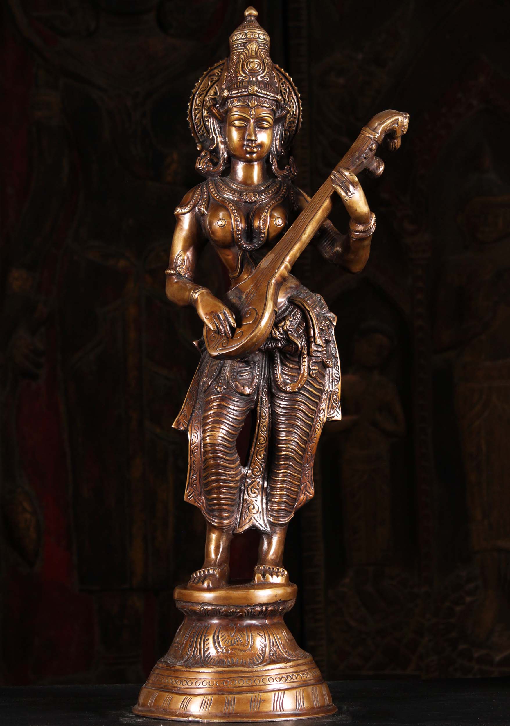 Sold Brass Saraswati Standing Playing Veena 29 89bs110z Hindu Gods And Buddha Statues 