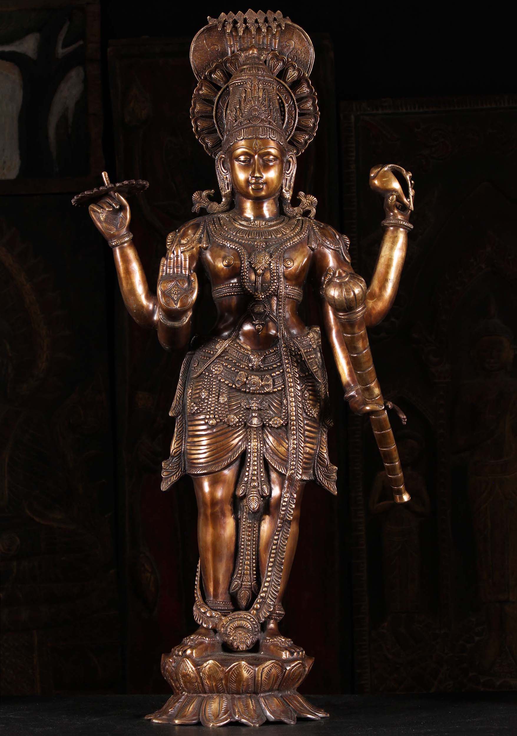 Brass Vishnu Holding Large Club & Chakra 40"