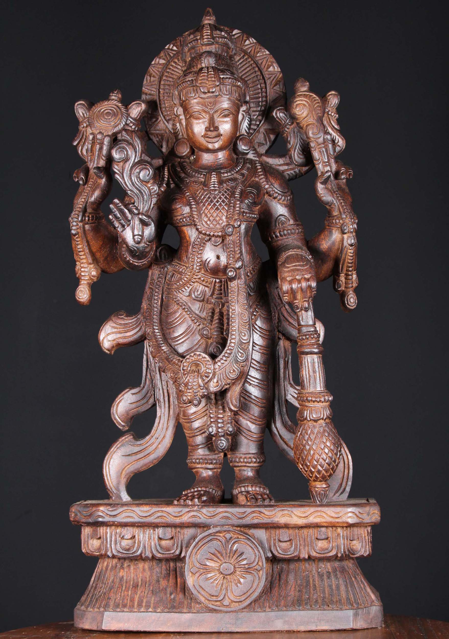 Wood Standing Vishnu Statue Holding Club 30"