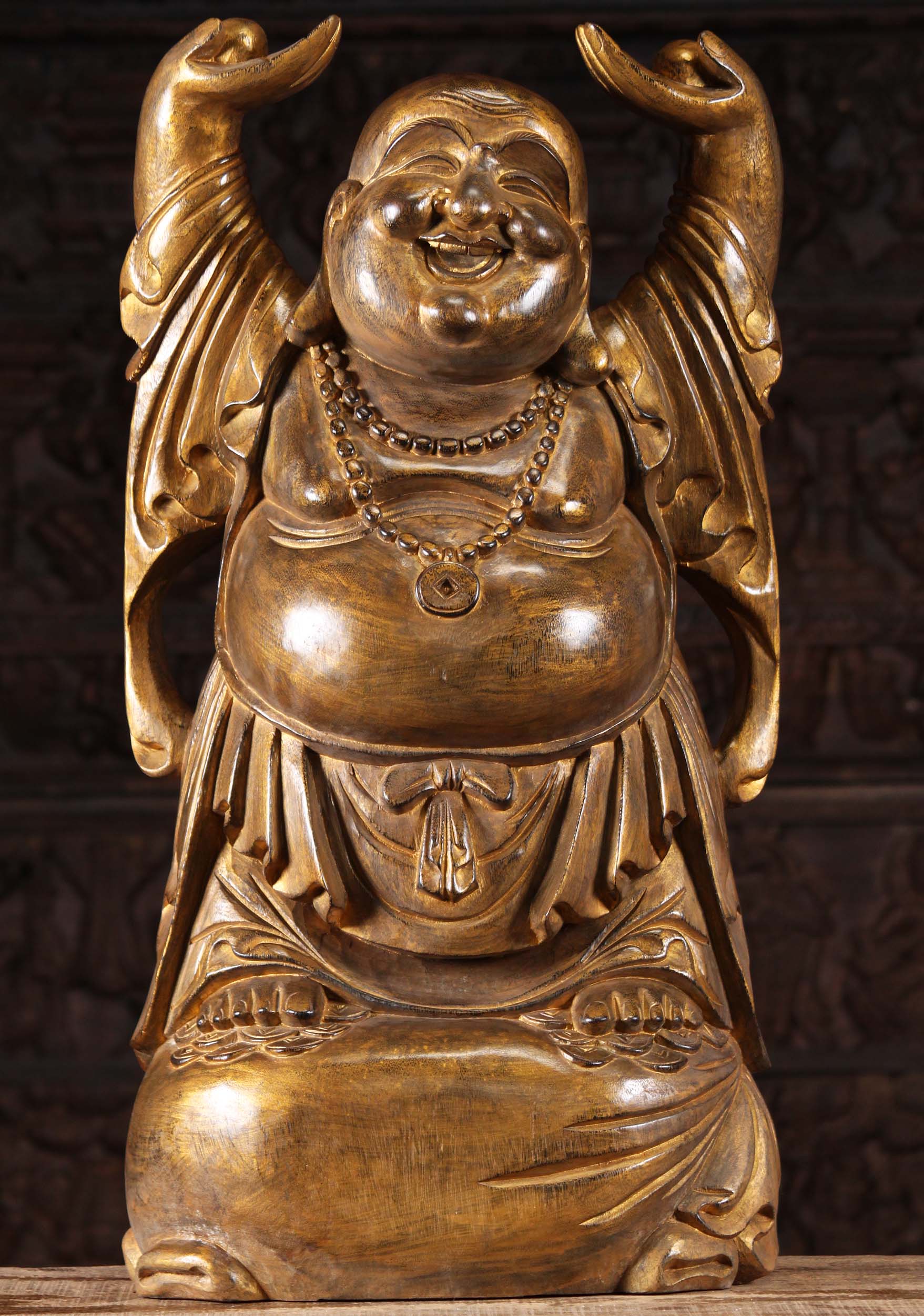 Wooden Fat & Happy Buddha of Prosperity 32"