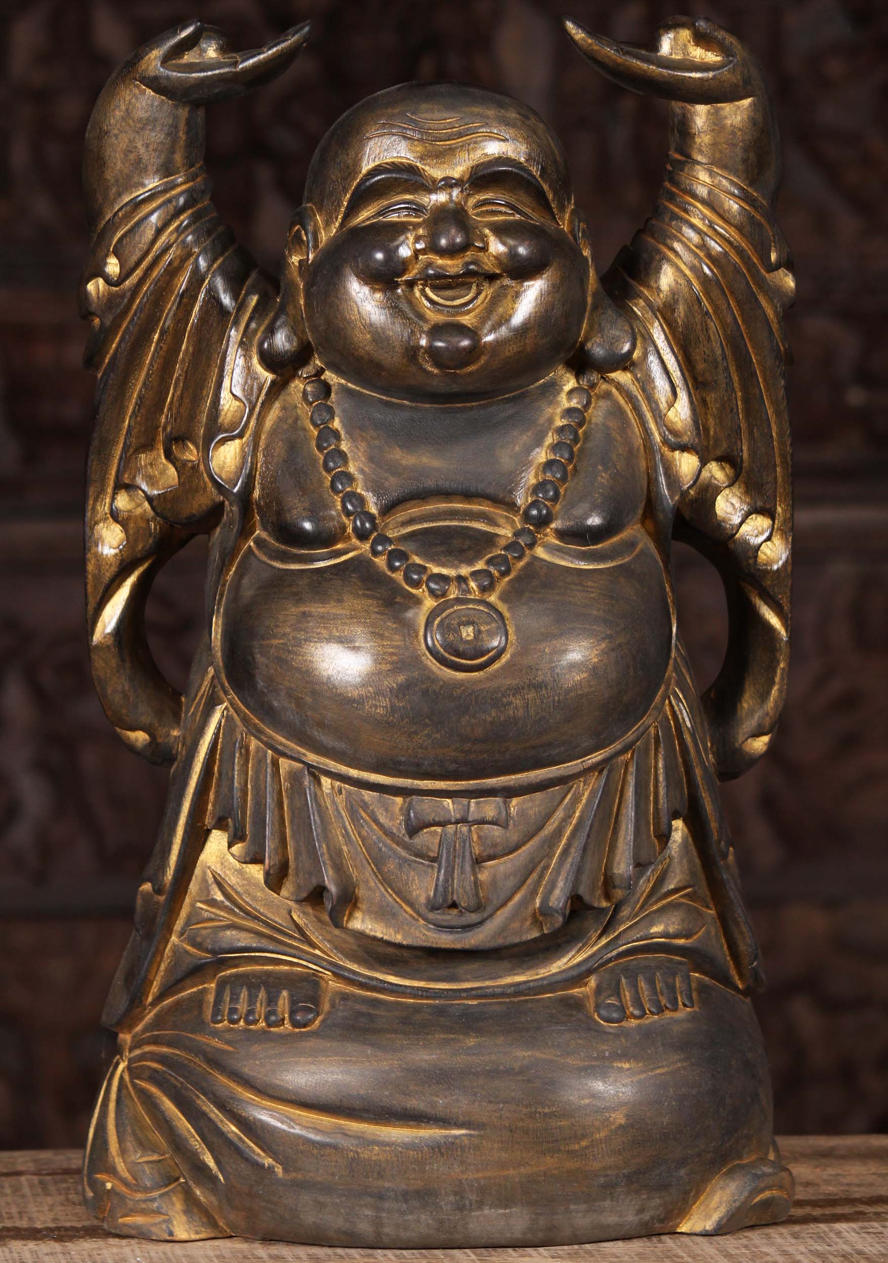 Wood Standing Happy Buddha of Wealth 20"