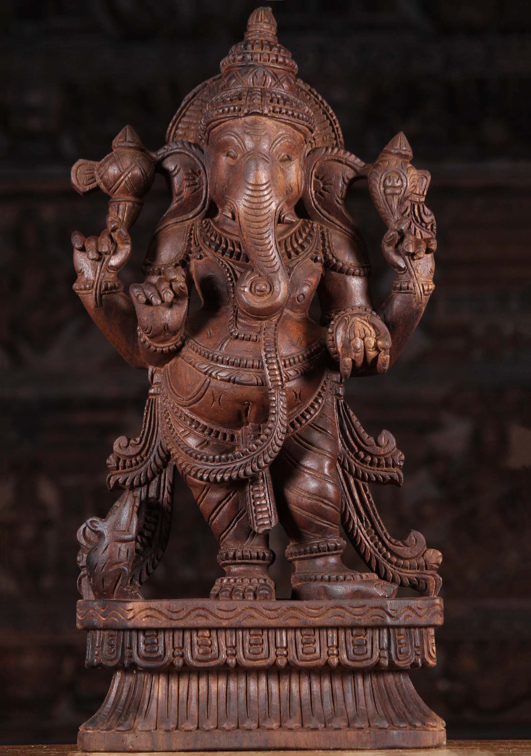 Wood Standing Ganapathi Sculpture 24"