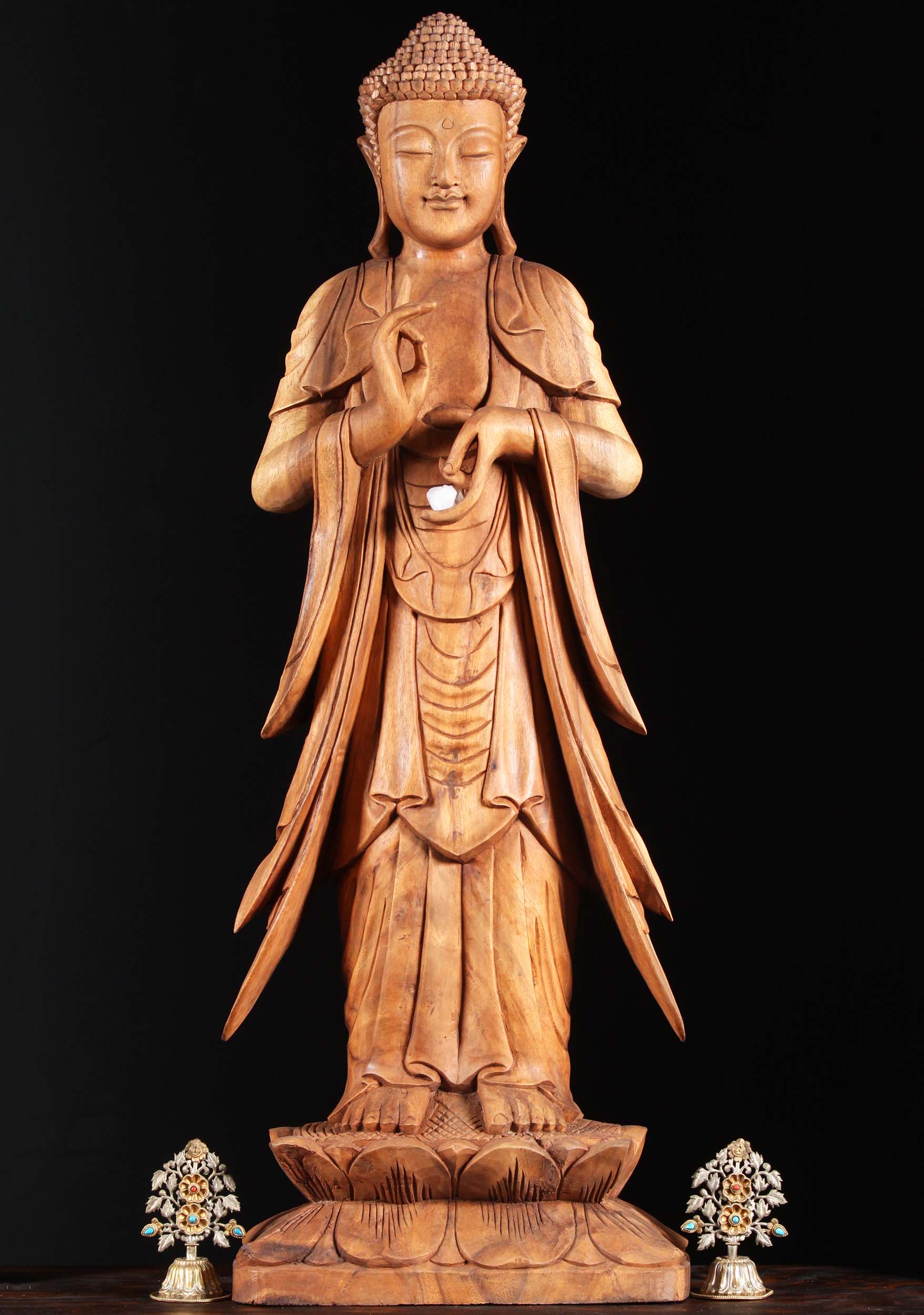 Wooden Dharmachakra Buddha Sculpture 40"