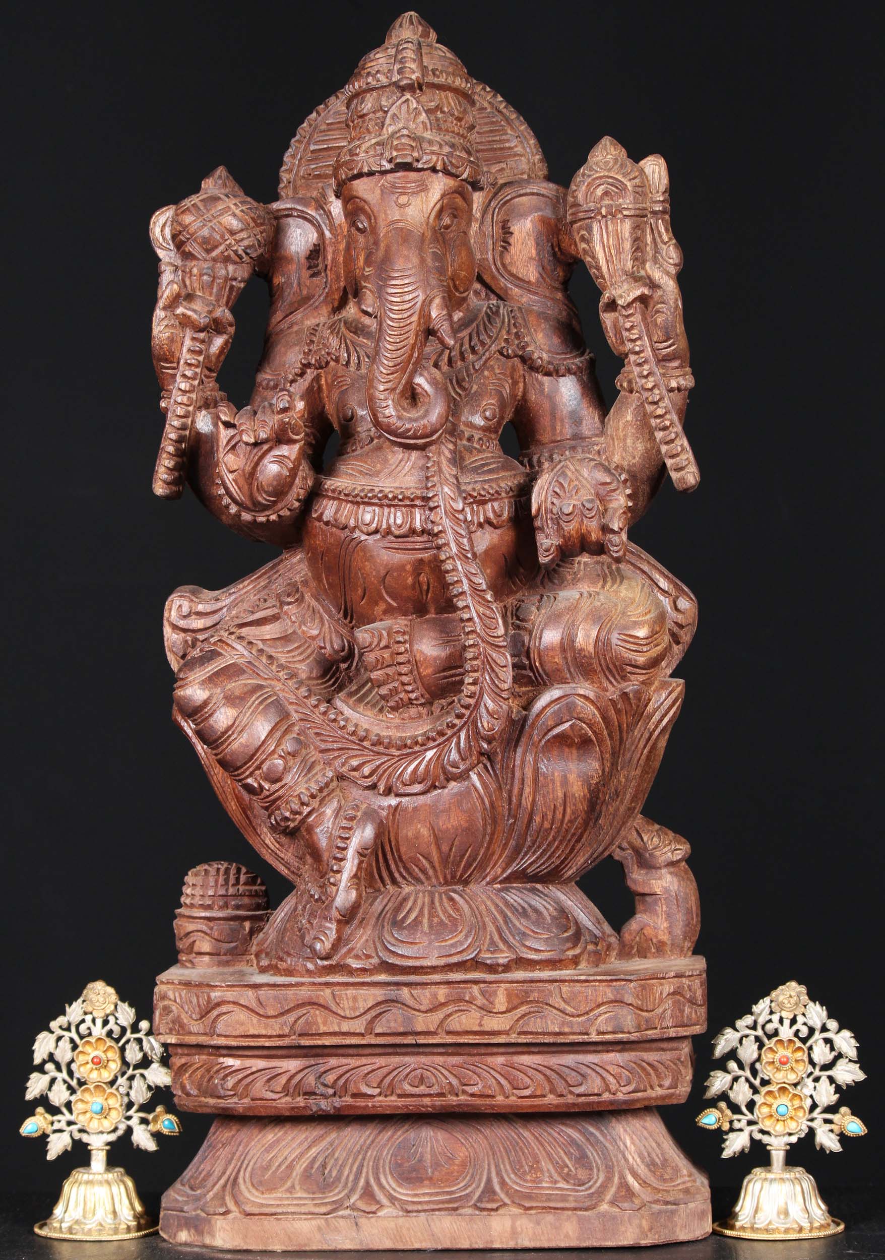 Wooden Ganapathi Statue Holding Modak 24"