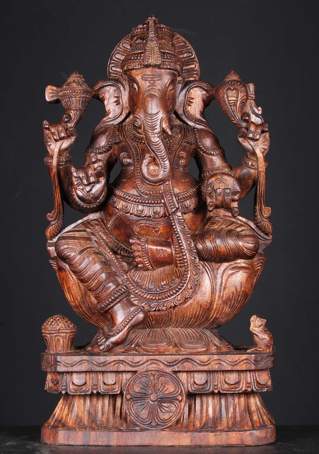 Wooden Seated Ganesha Statue 24"