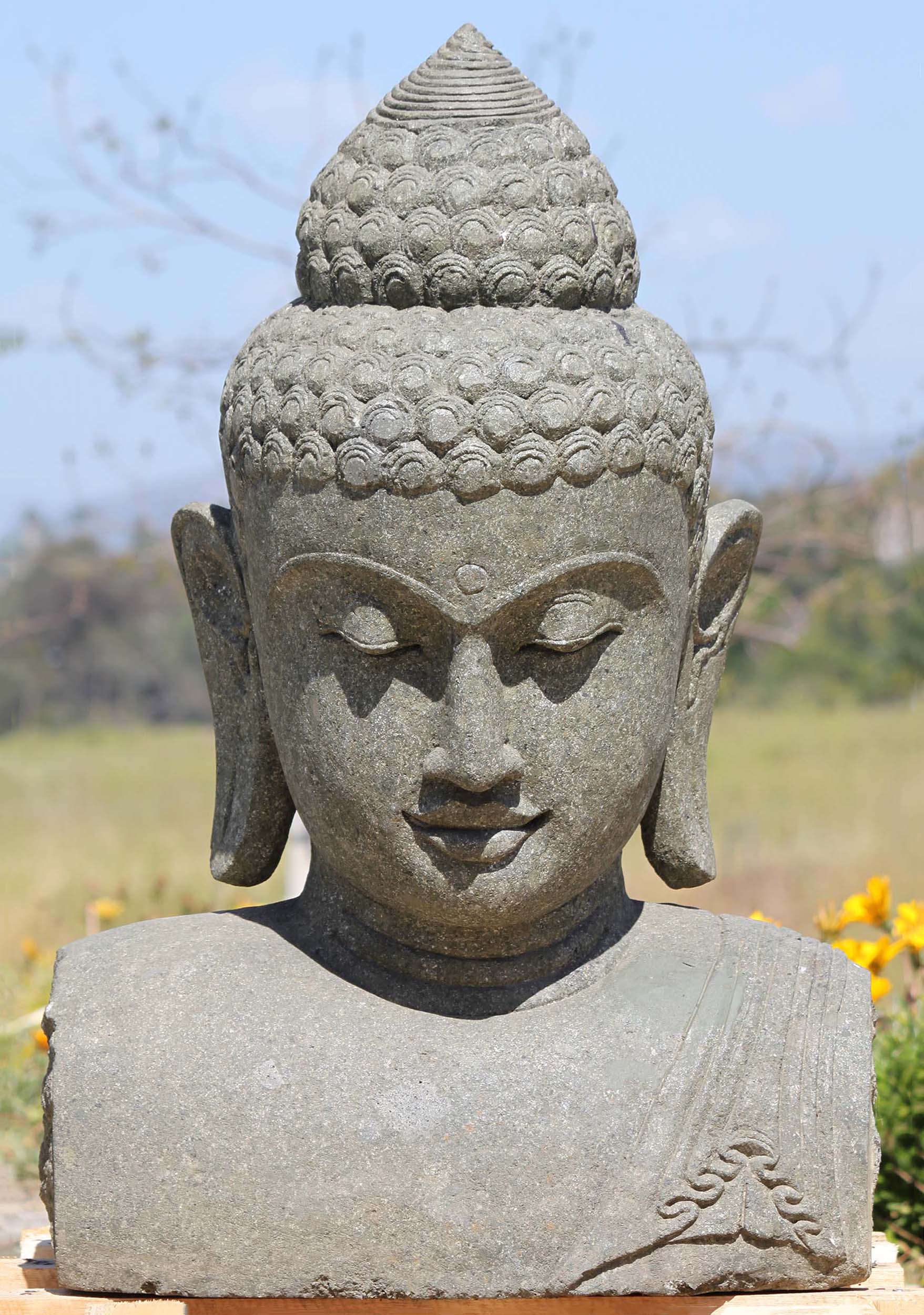 SOLD Stone Buddha Bust Garden Sculpture 32