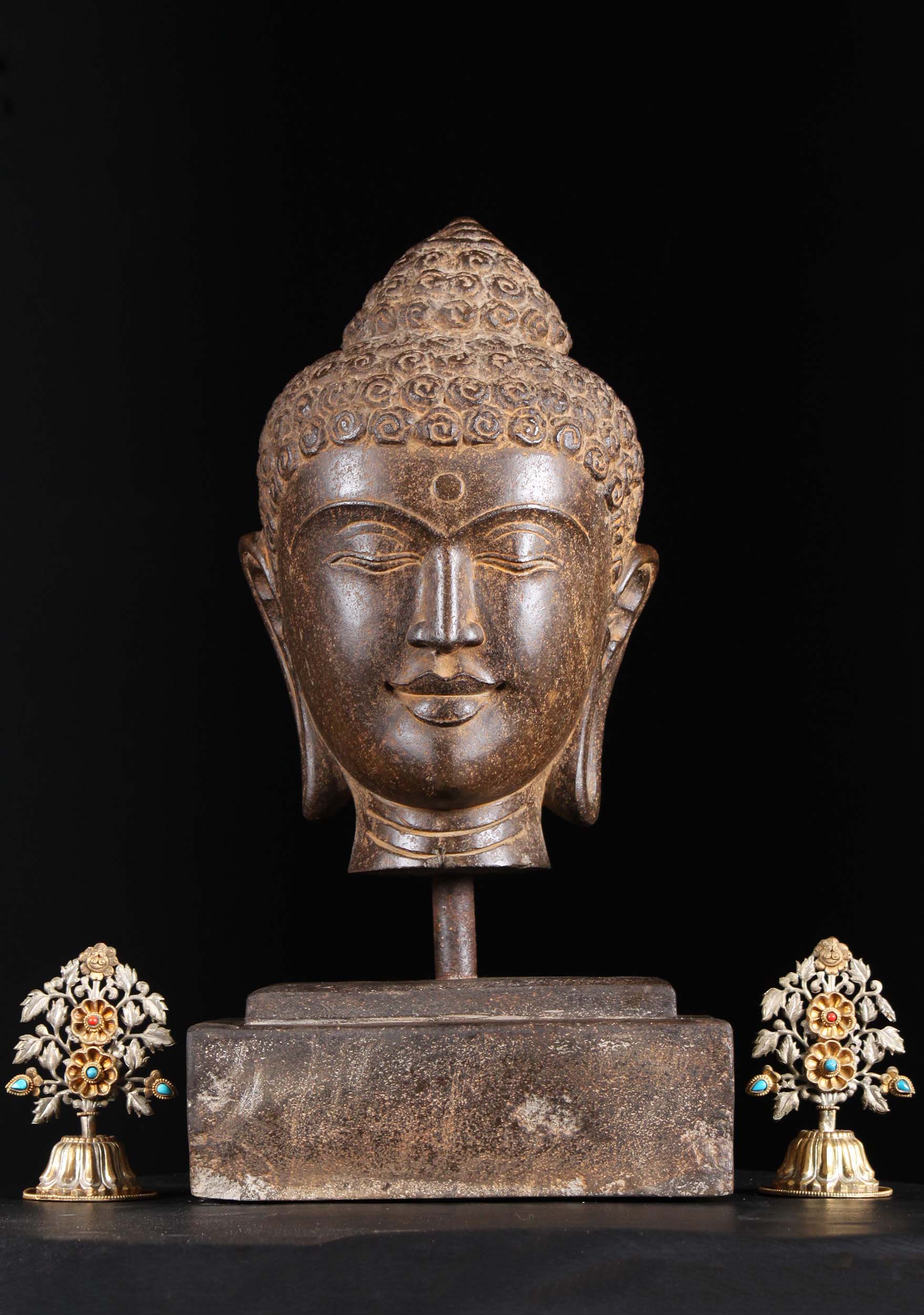 Stone Buddha Bust Statue with Base 19"