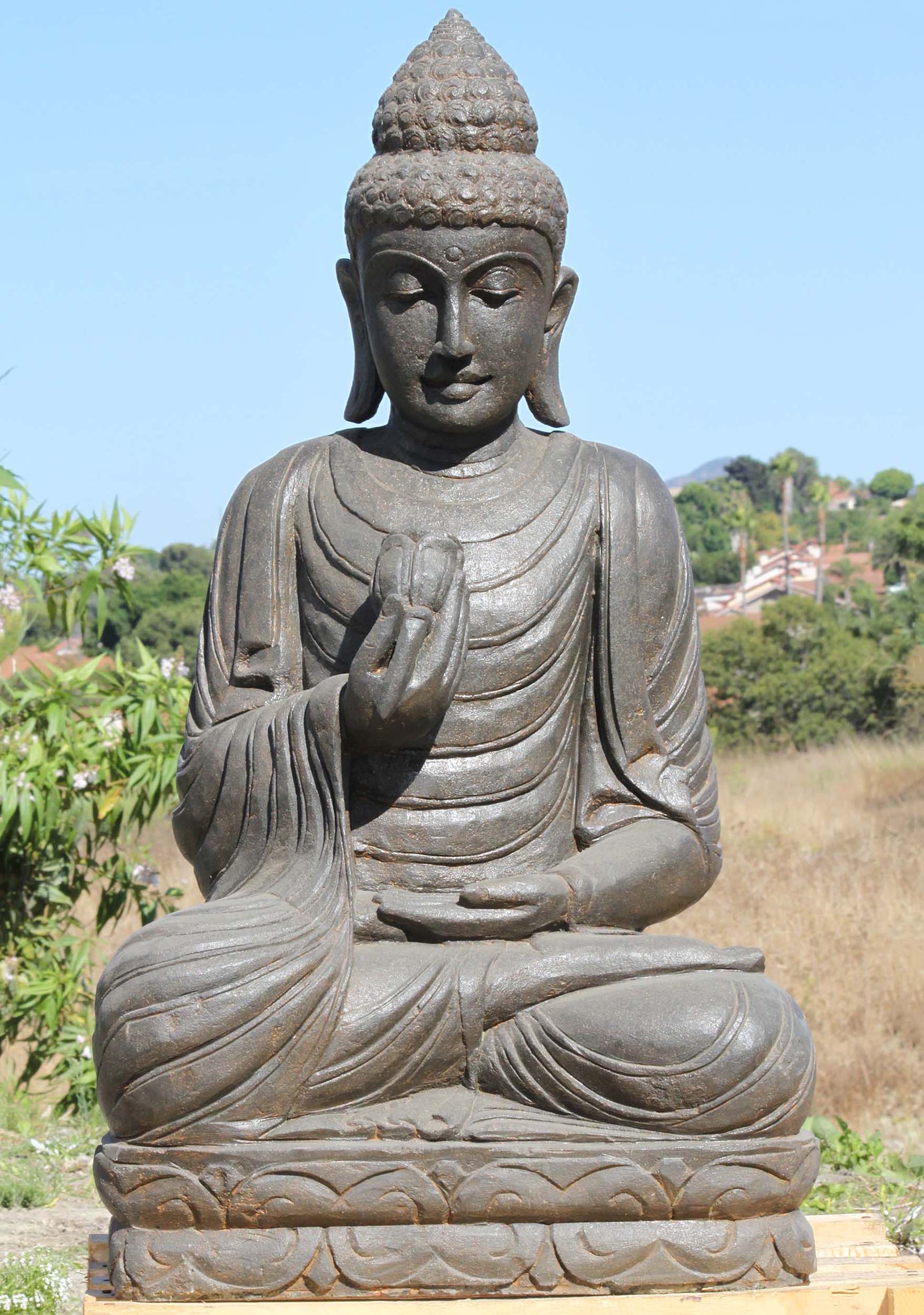 SOLD Stone Buddha Statue Holding Flower 40