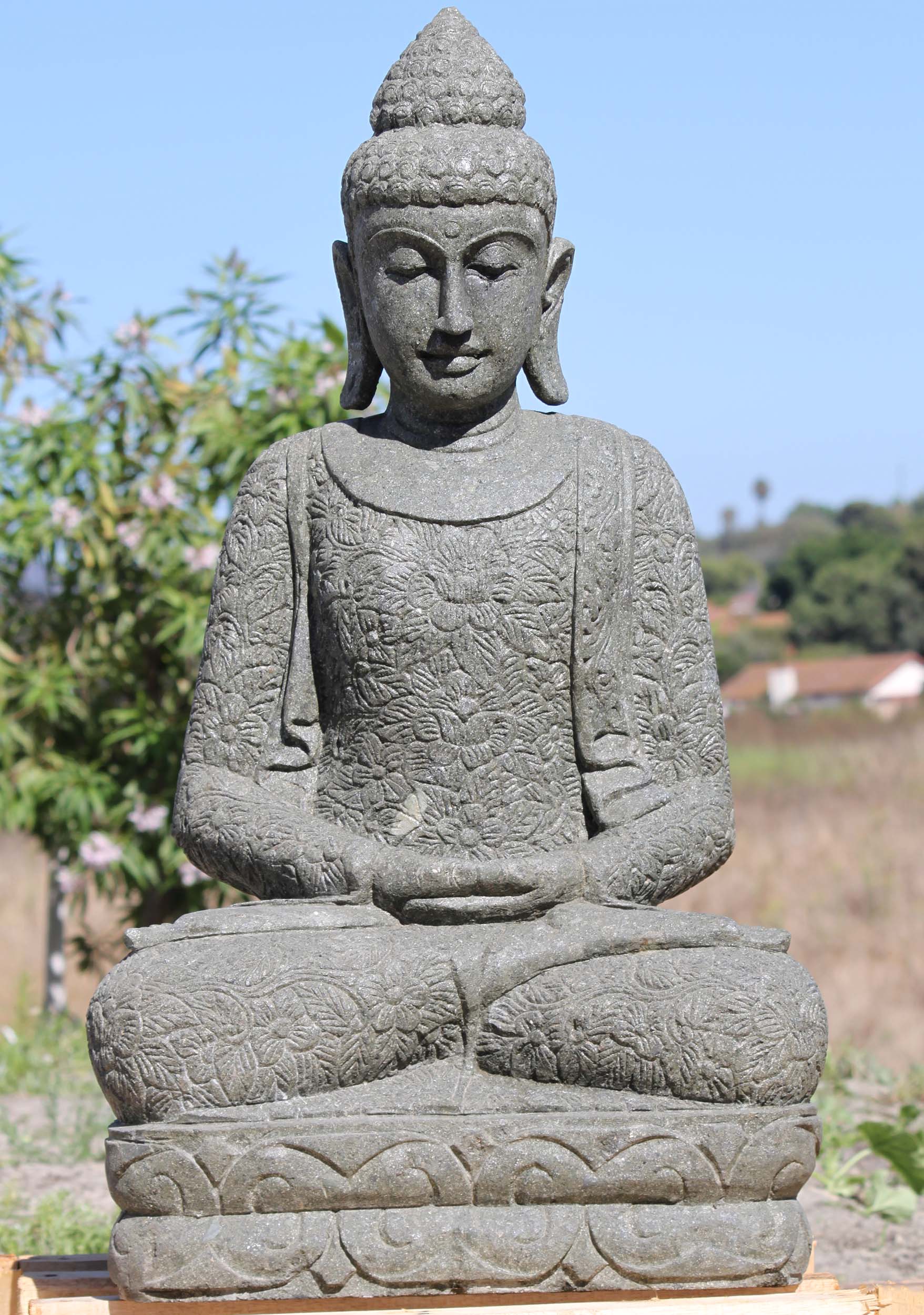 SOLD Stone Meditating Buddha with Brocade Robes 39