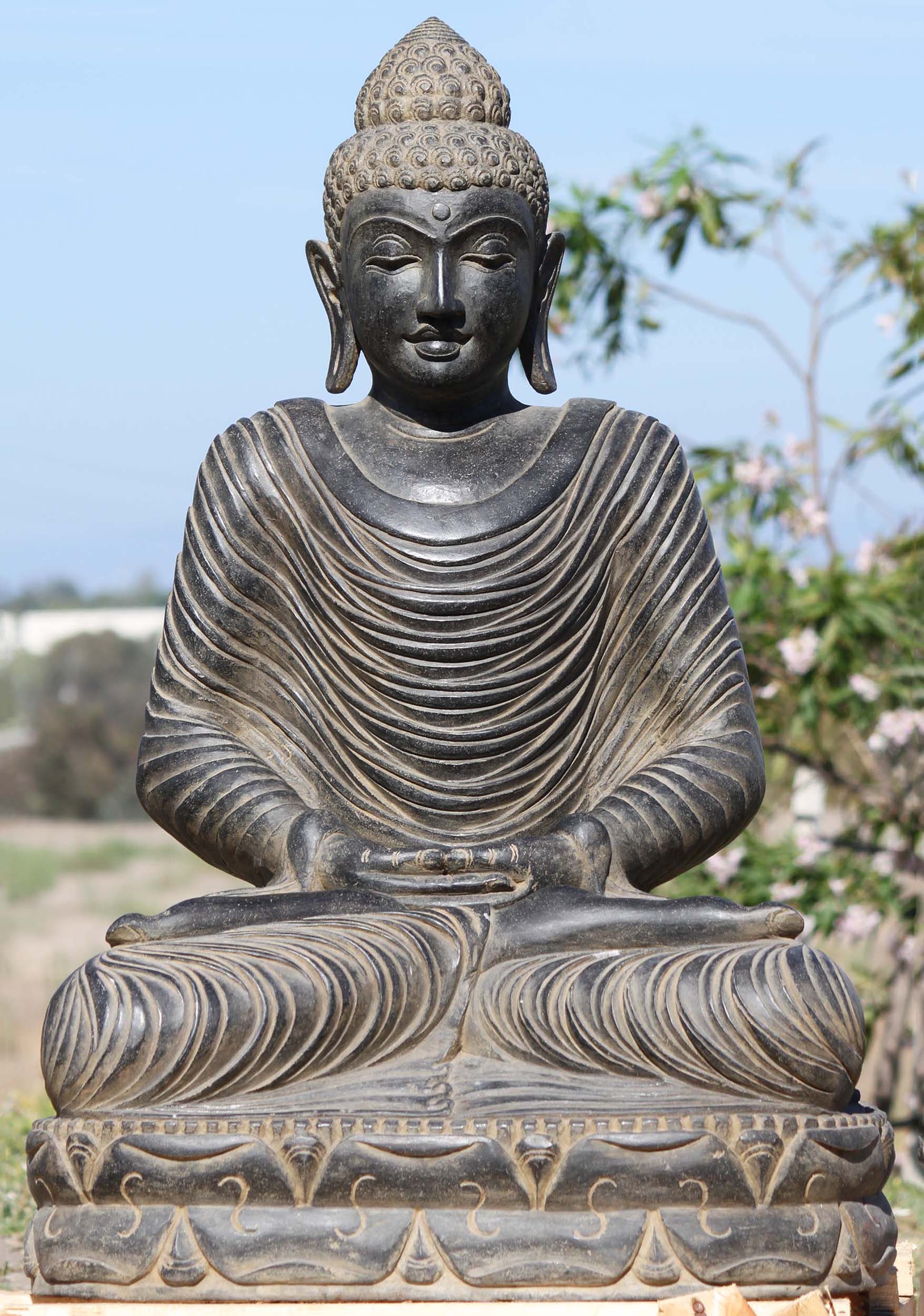 Stone Meditating Buddha with Rippling Robes 39"