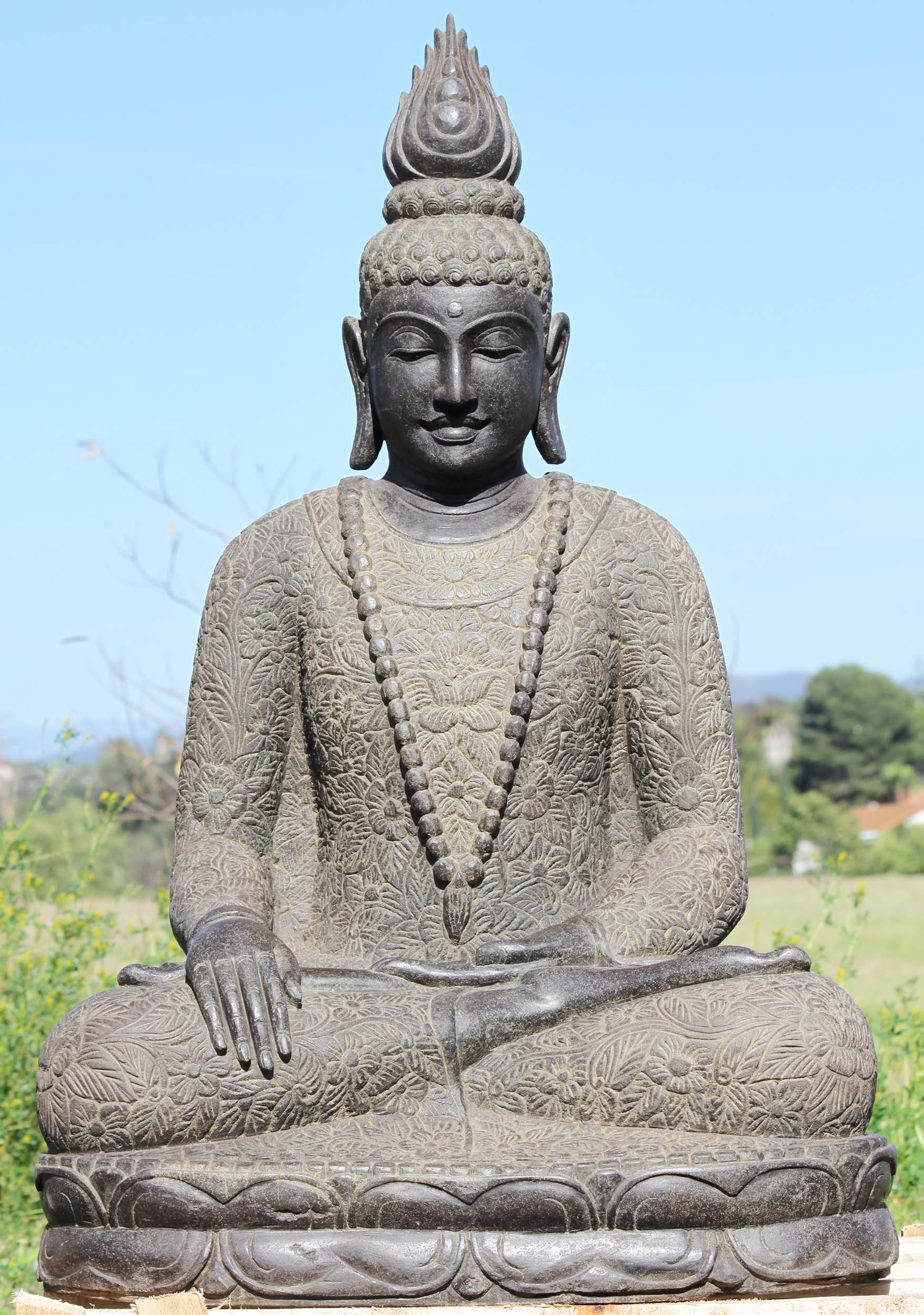 SOLD Stone Earth Touching Buddha with Flame Finial 42