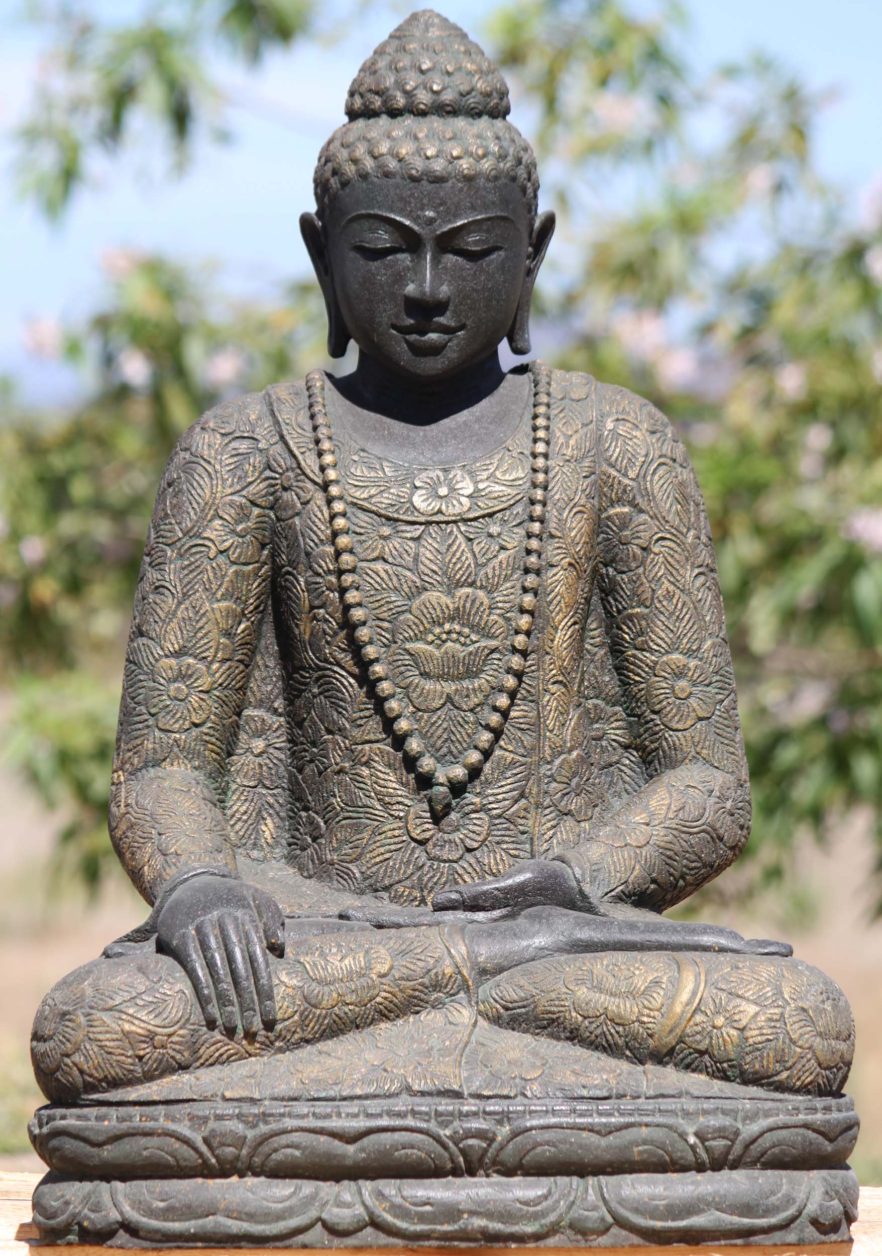 Stone Earth Touching Buddha Wearing Malas 32"