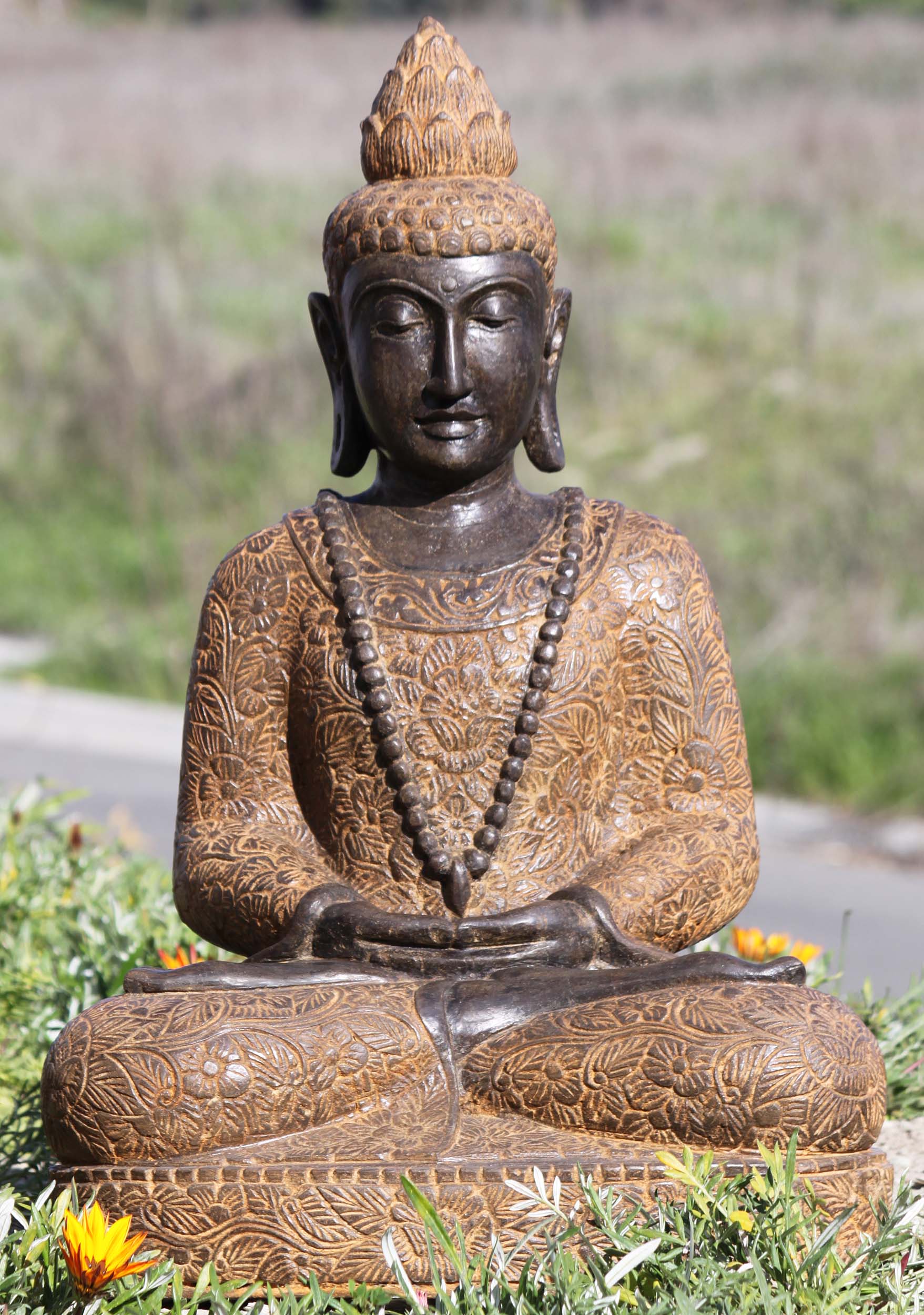 Stone Meditating Buddha Wearing Floral Robes 32"