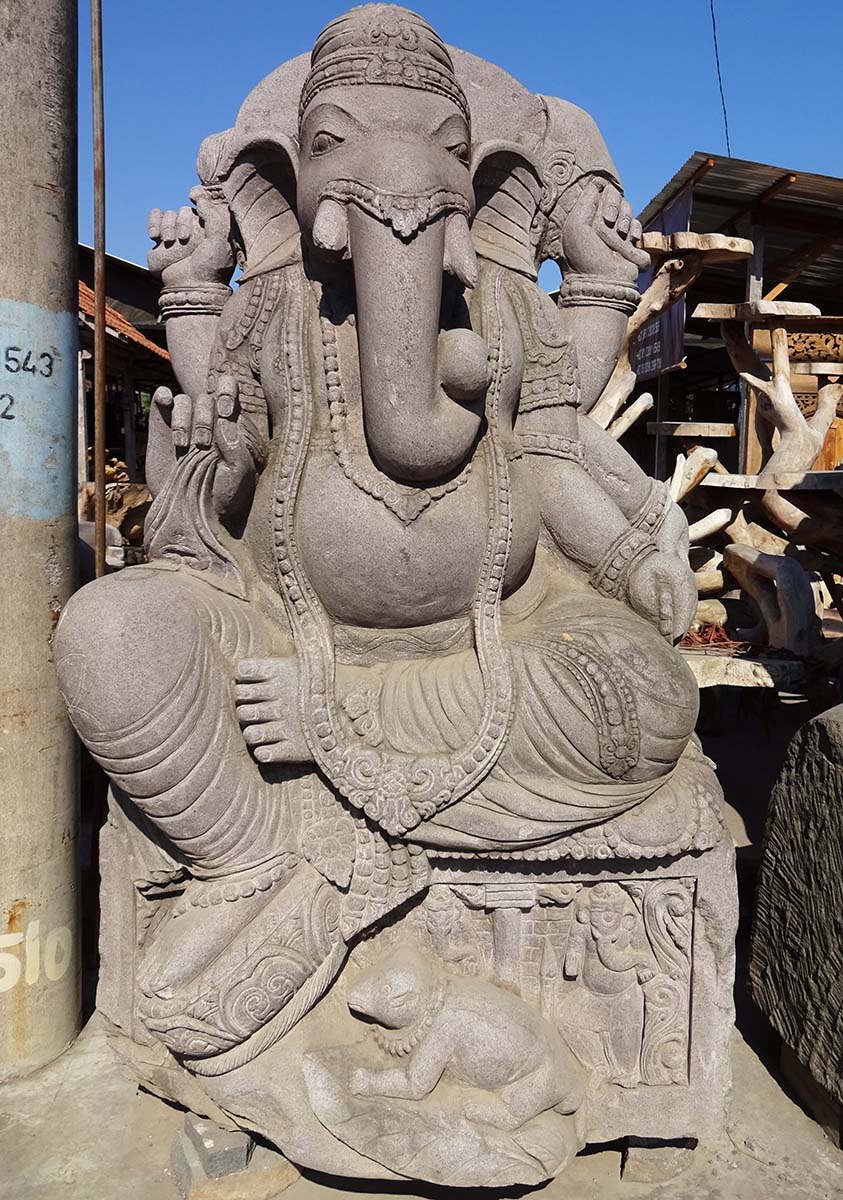 Large Stone Ganesha Seated With Mooshika Vahana Hand Carved in Indonesia  71"