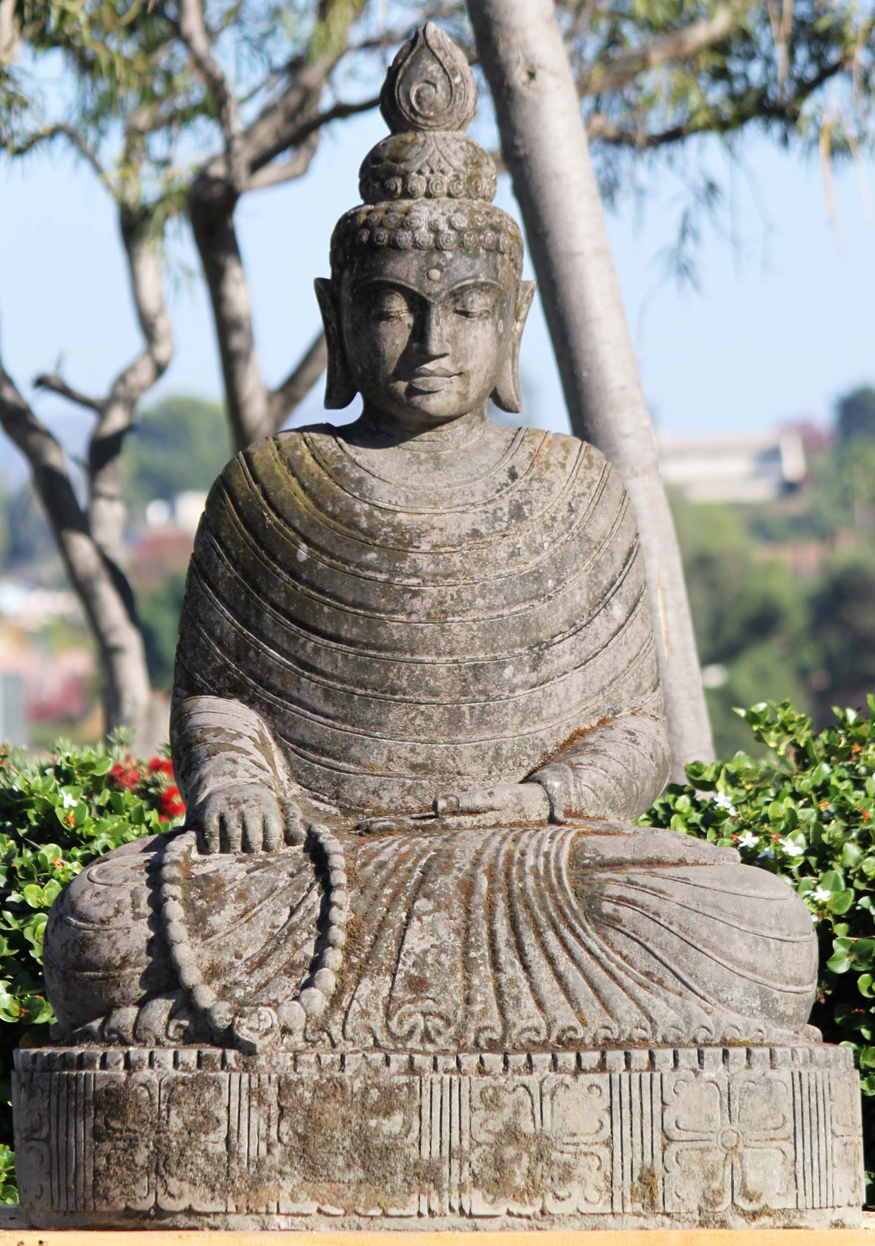 Stone Moss Covered Buddha Statue with Malas 55"