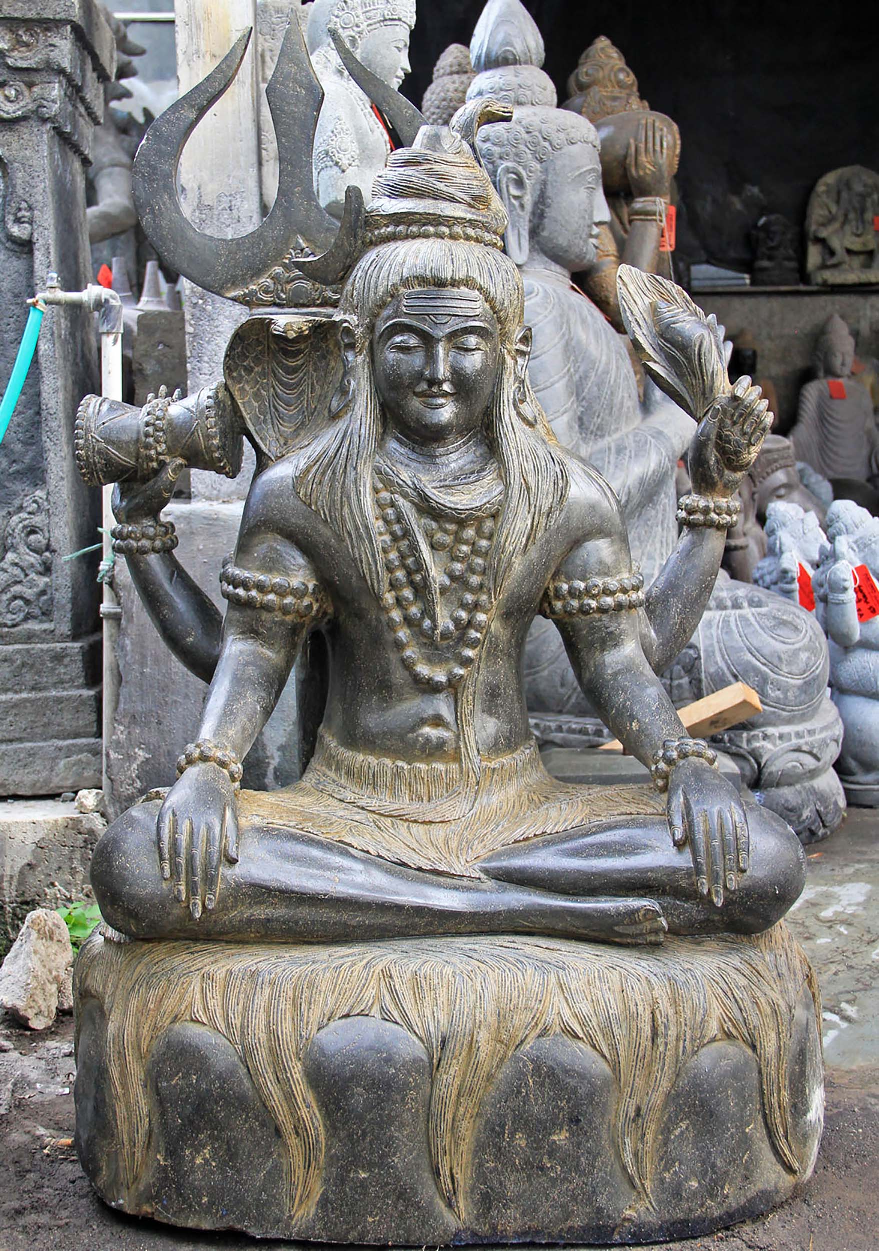 Custom Stone Meditating Shiva Statue with Trident Hand Carved in Indonesia 49"