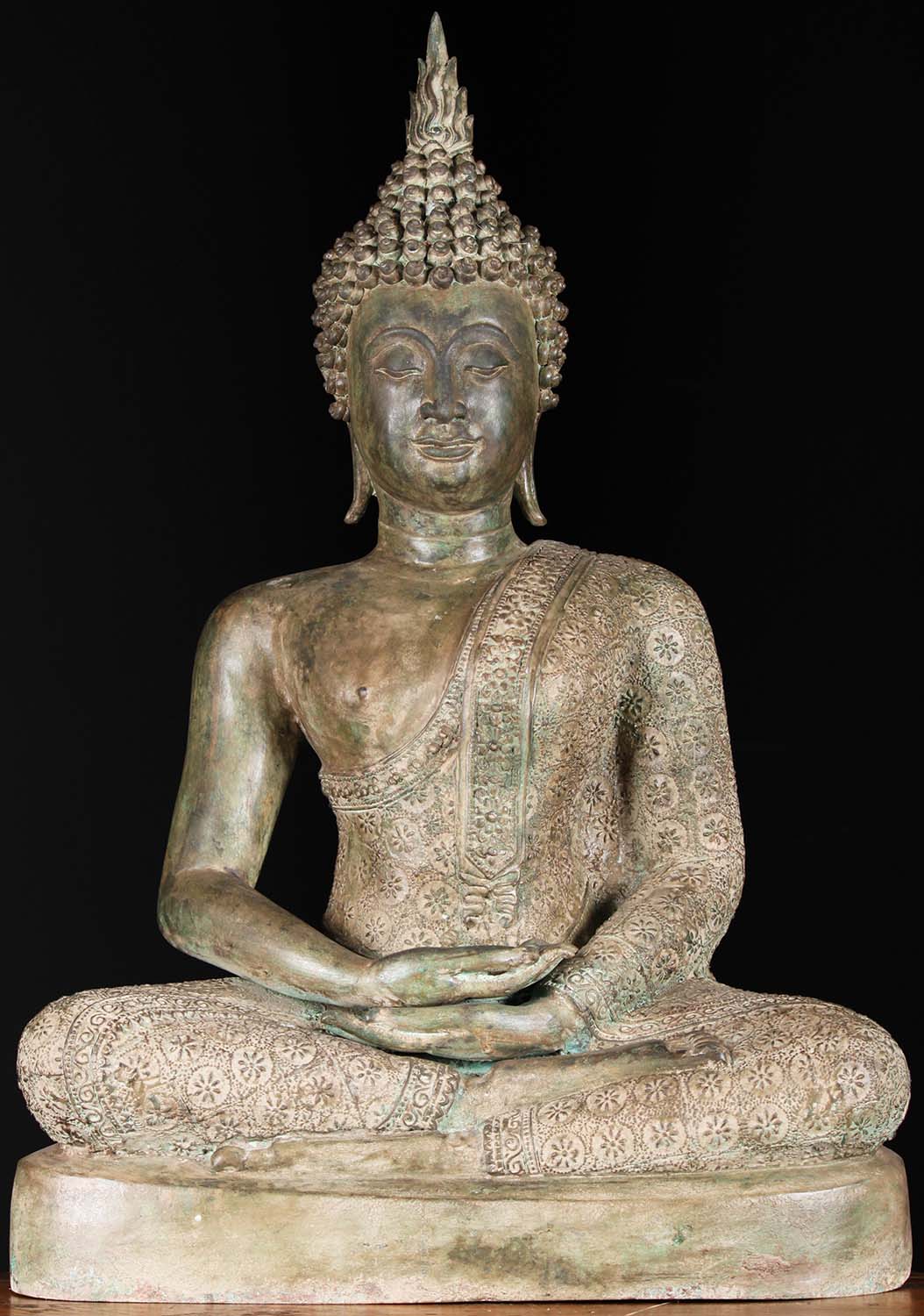 Antique Green Sukhothai Buddha With Brocade Robes Statue 29"