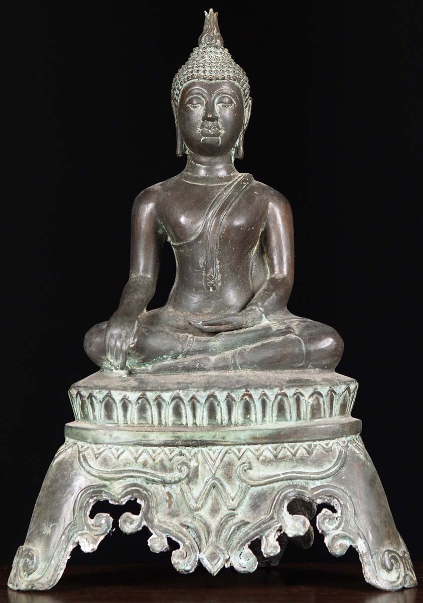 Brass Earth Touching Sukhothai Style Thai Buddha Statue Seated on Raised Throne 18"