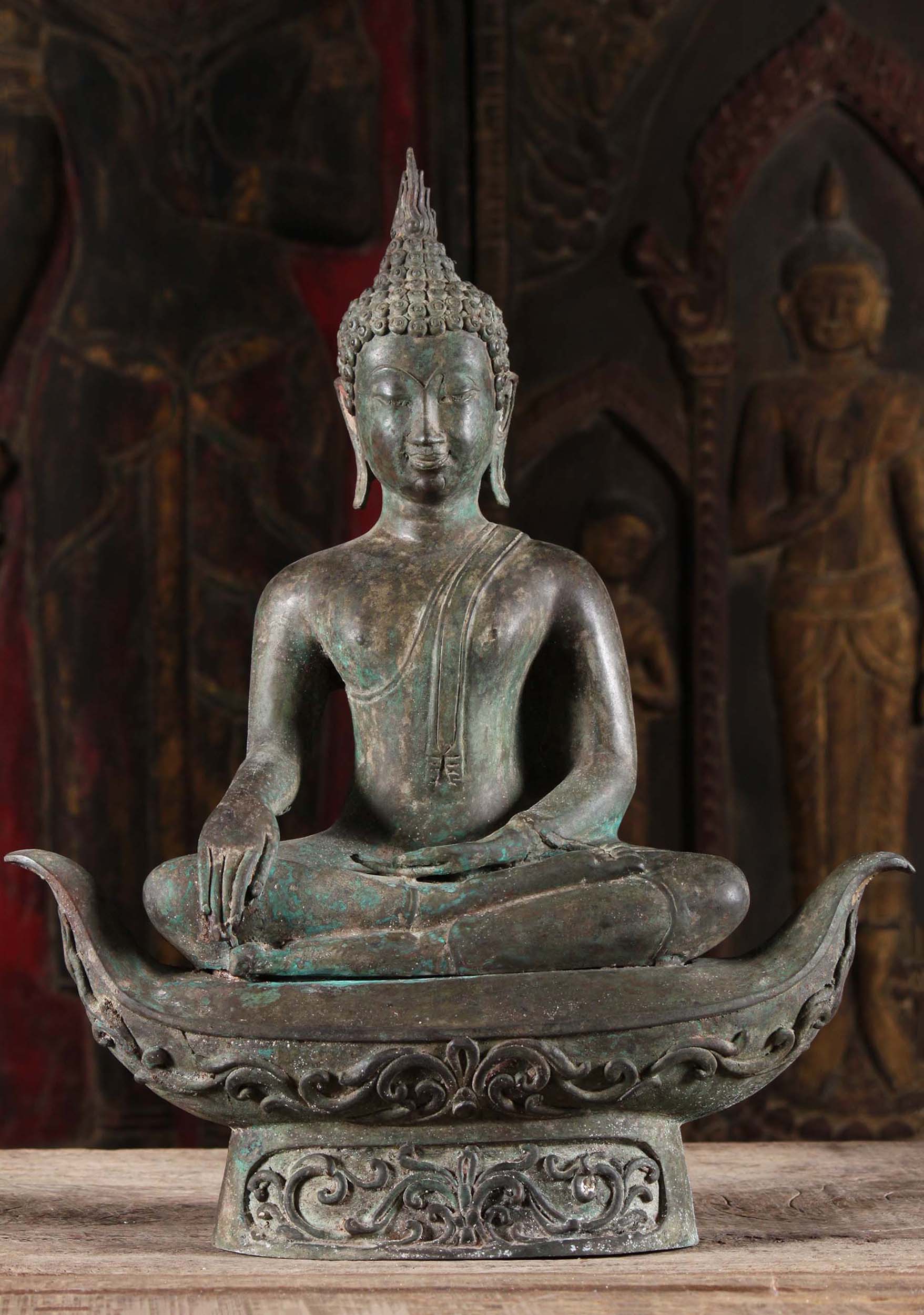 Sukhothai Thai Style Buddha Statue in Earth Touching Mudra on Boat with Designs 21"