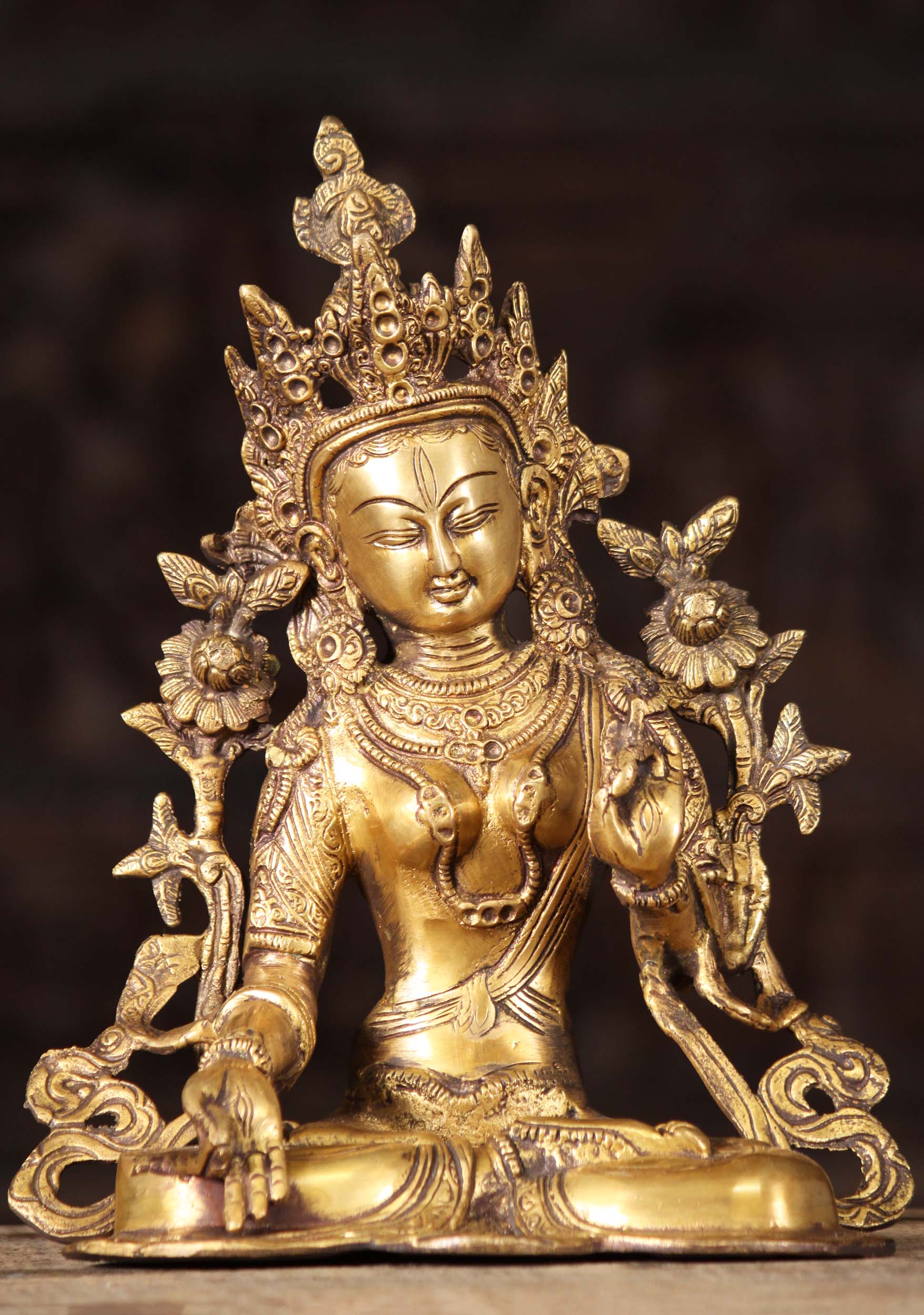 Brass White Tara Statue Seated in Full Lotus Pose Wearing Crown Holding 2 Lotus Flowers 11"