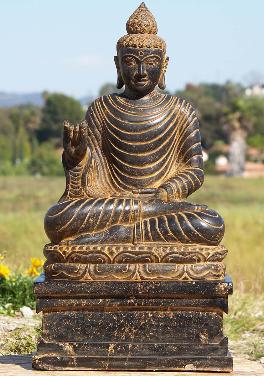 Stone Teaching Buddha Statue on Throne 37"