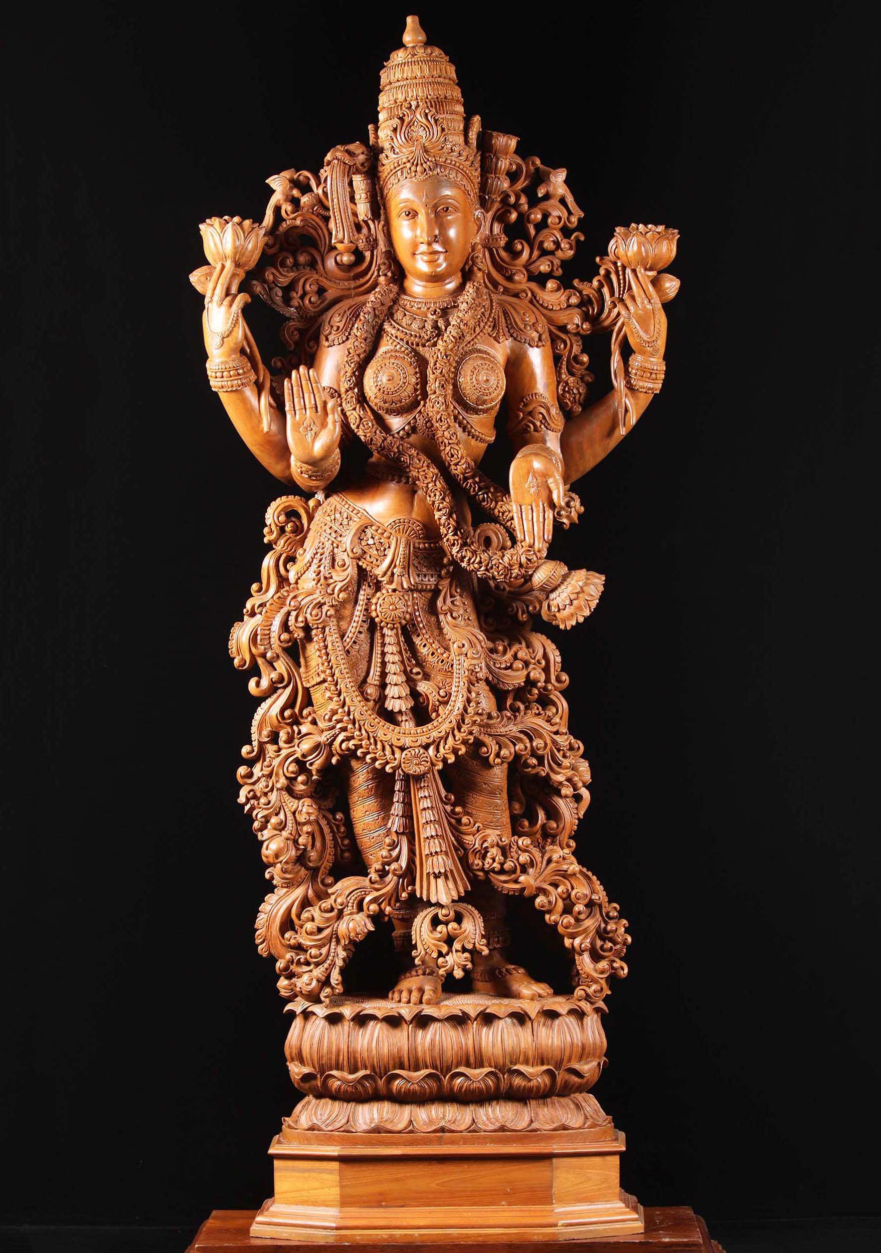 Teak Wood Lakshmi Statue With Lotus Flowers 78"