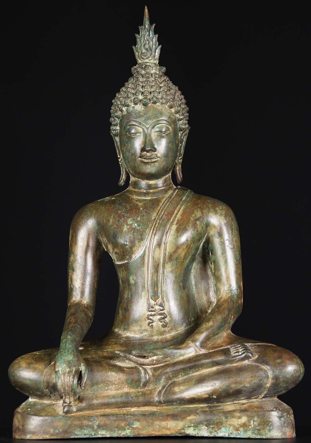 Brass Sukhothai Earth Touching Buddha Statue Seated in Ardhapadmasana with Flame Finial 18"