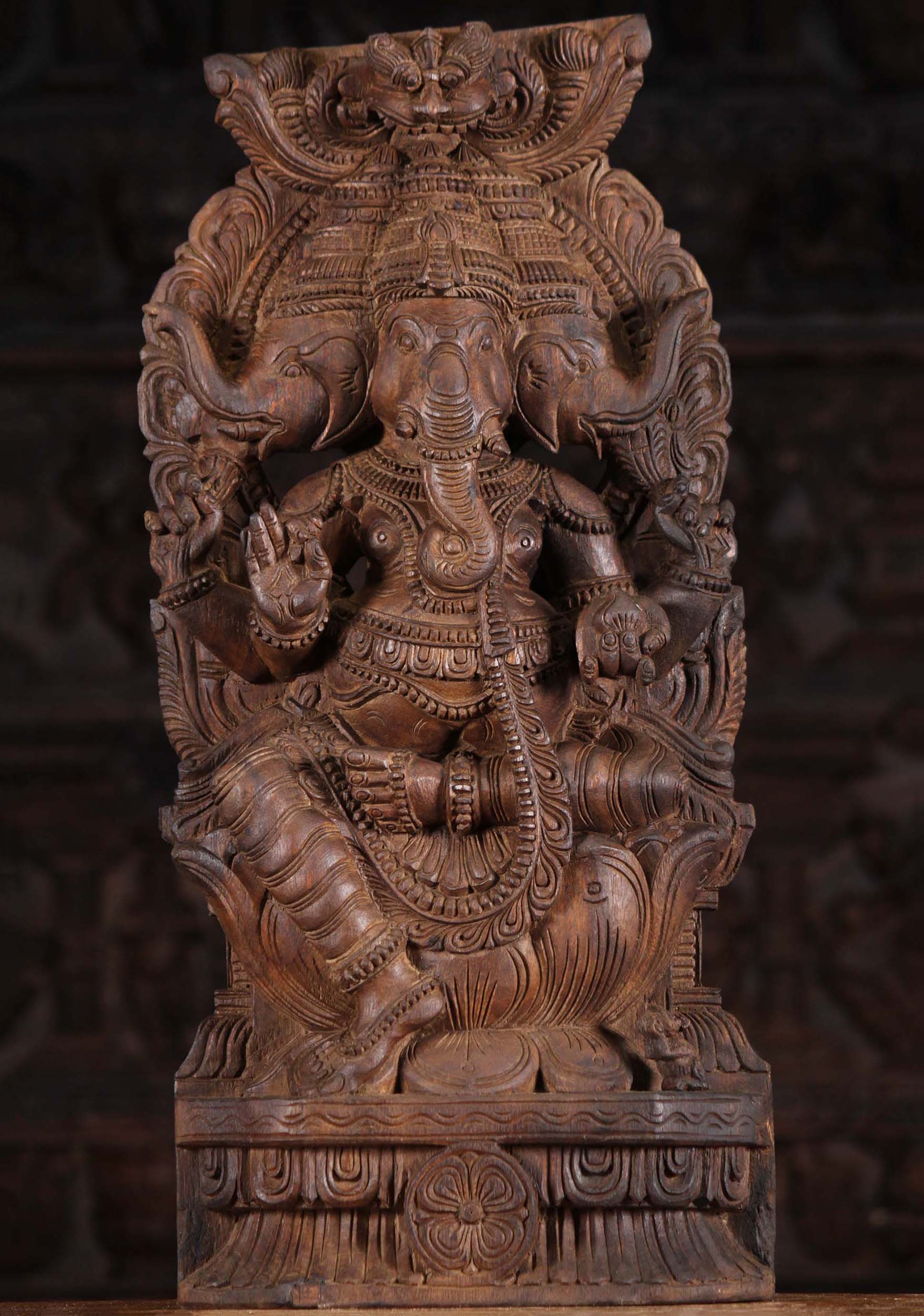 Wood Three Headed Ganapathi with Arch 24"