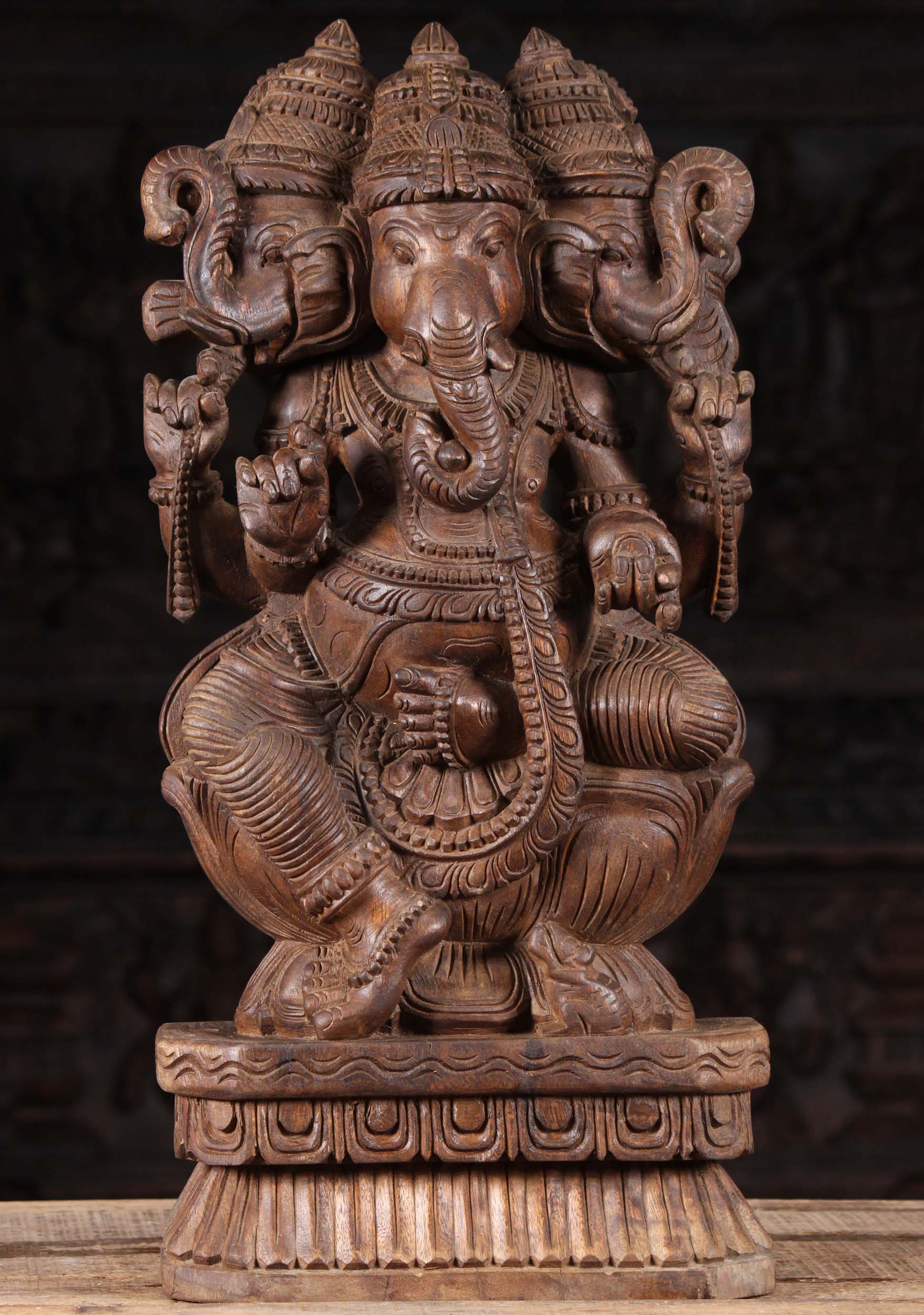 Wooden Tri Muhkthi Ganapathi Statue 24"