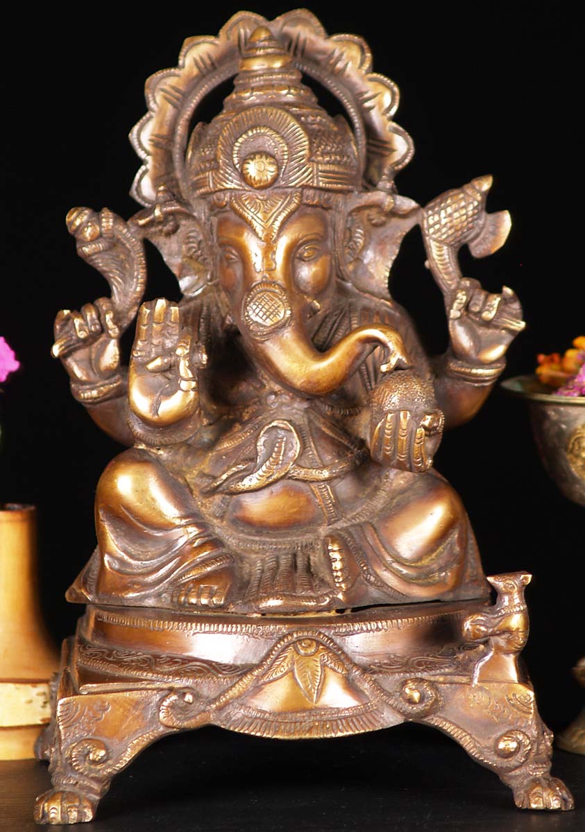 Brass Throne Ganesh Statue 9"