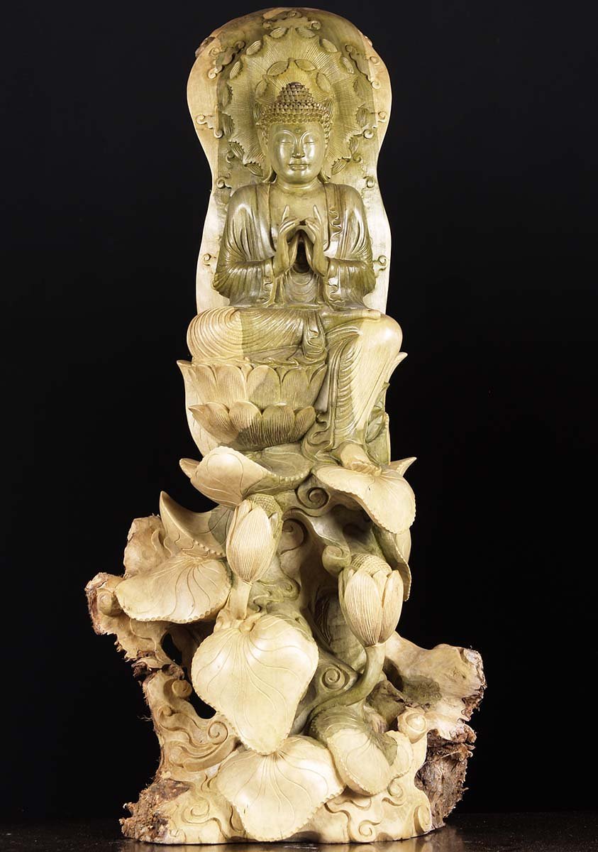 Green Hibiscus Tree Buddha Carving 40.5"