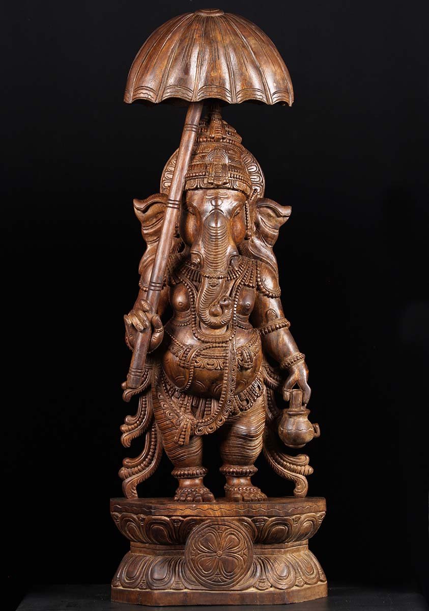 Wooden Umbrella Ganesh Statue 48"