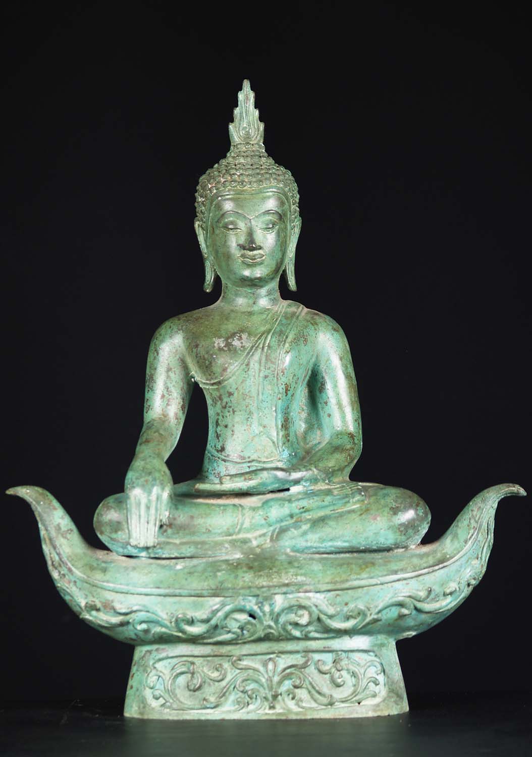 Thai Lost Wax Method Brass Uttong Style Earth Touching Buddha Statue Seated on Boat 21"